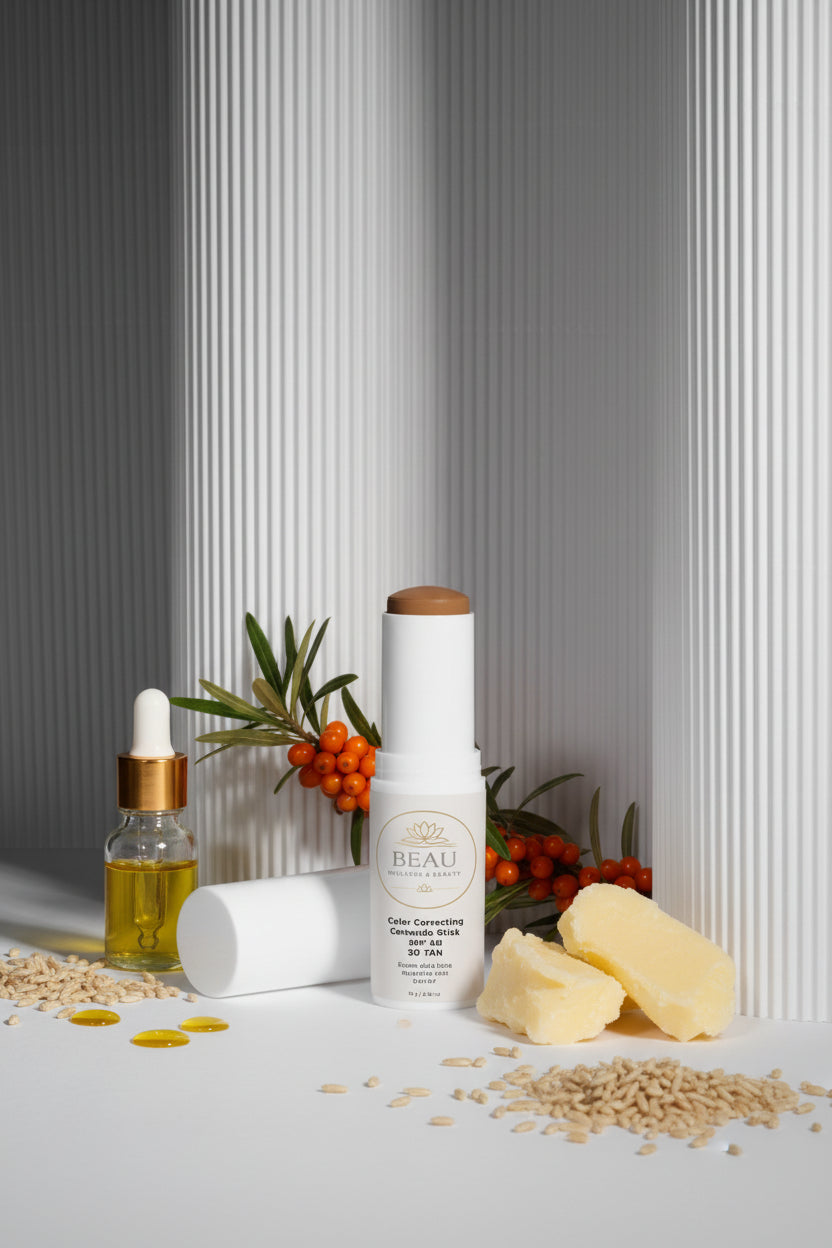 Beau Wellness & beauty CC Ceramide Stick with SPF 30 , shade Tan 30 with sea buckthorn, jojoba oil, cocoa seed butter and rice bran on a gray white shadowed lined background.