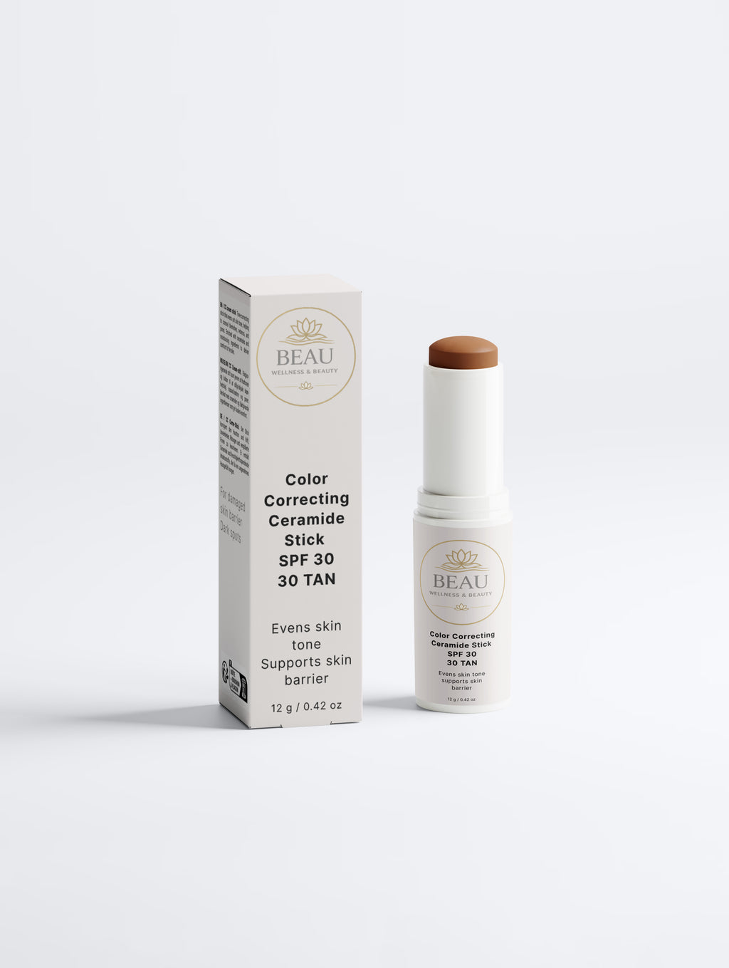 Beau Wellness & Beauty Color Correcting Ceramide Stick SPF 30, shade Tan 30, with cream box on white background