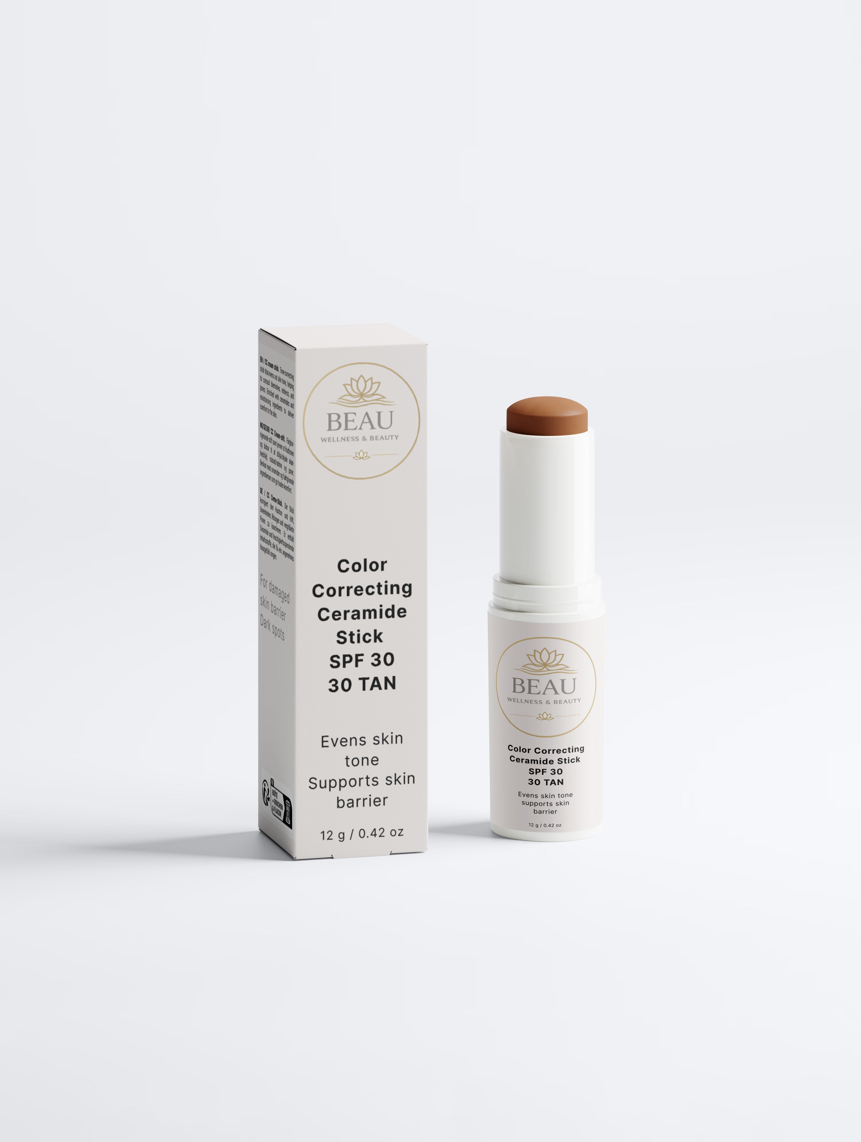 Beau Wellness & Beauty Color Correcting Ceramide Stick SPF 30, shade Tan 30, with cream box on white background