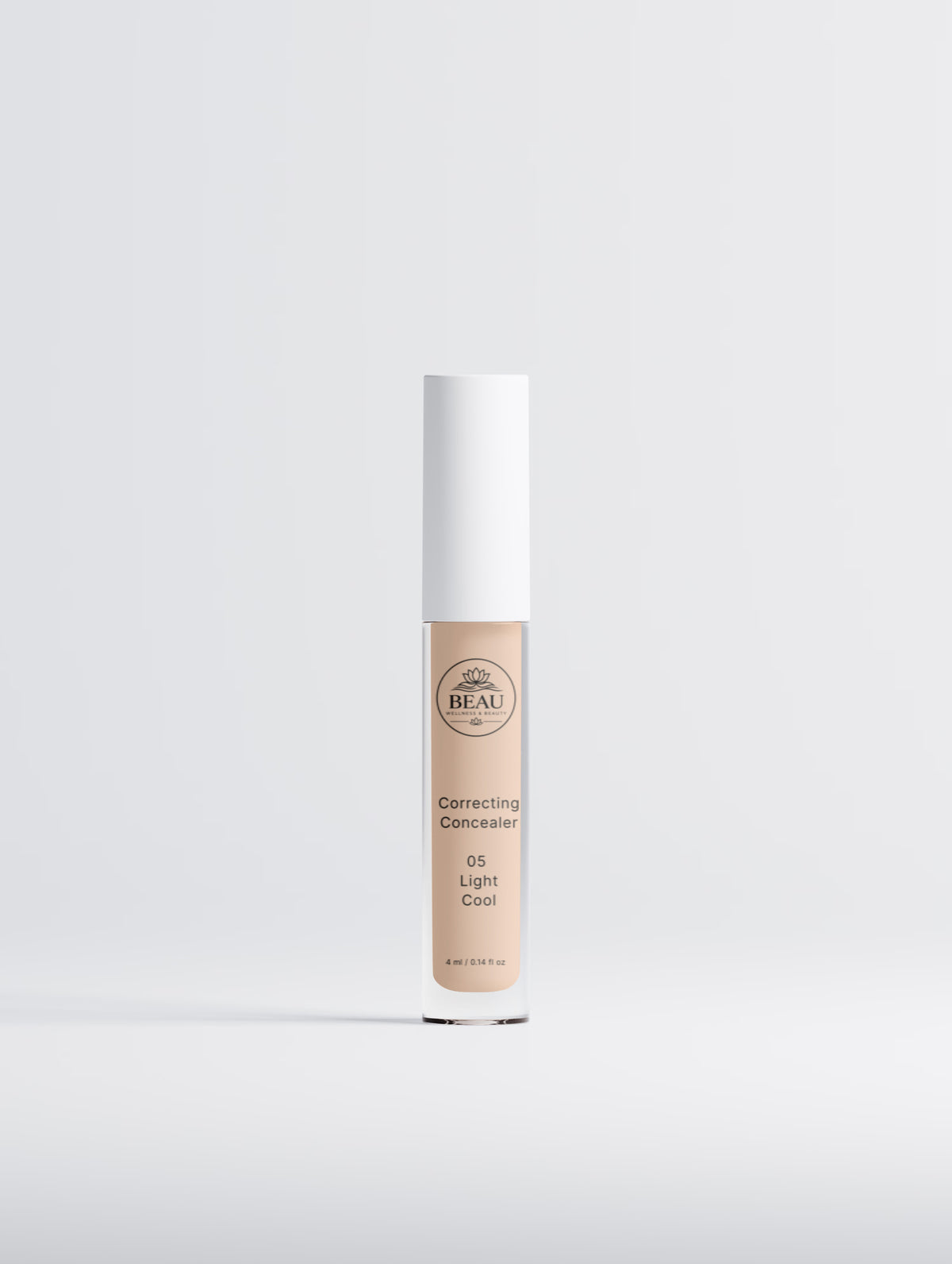 BEAU Wellness & Beauty Correcting Concealer in shade 05 Light Cool, shown in a slim cylindrical bottle with a white cap on a light gray background.