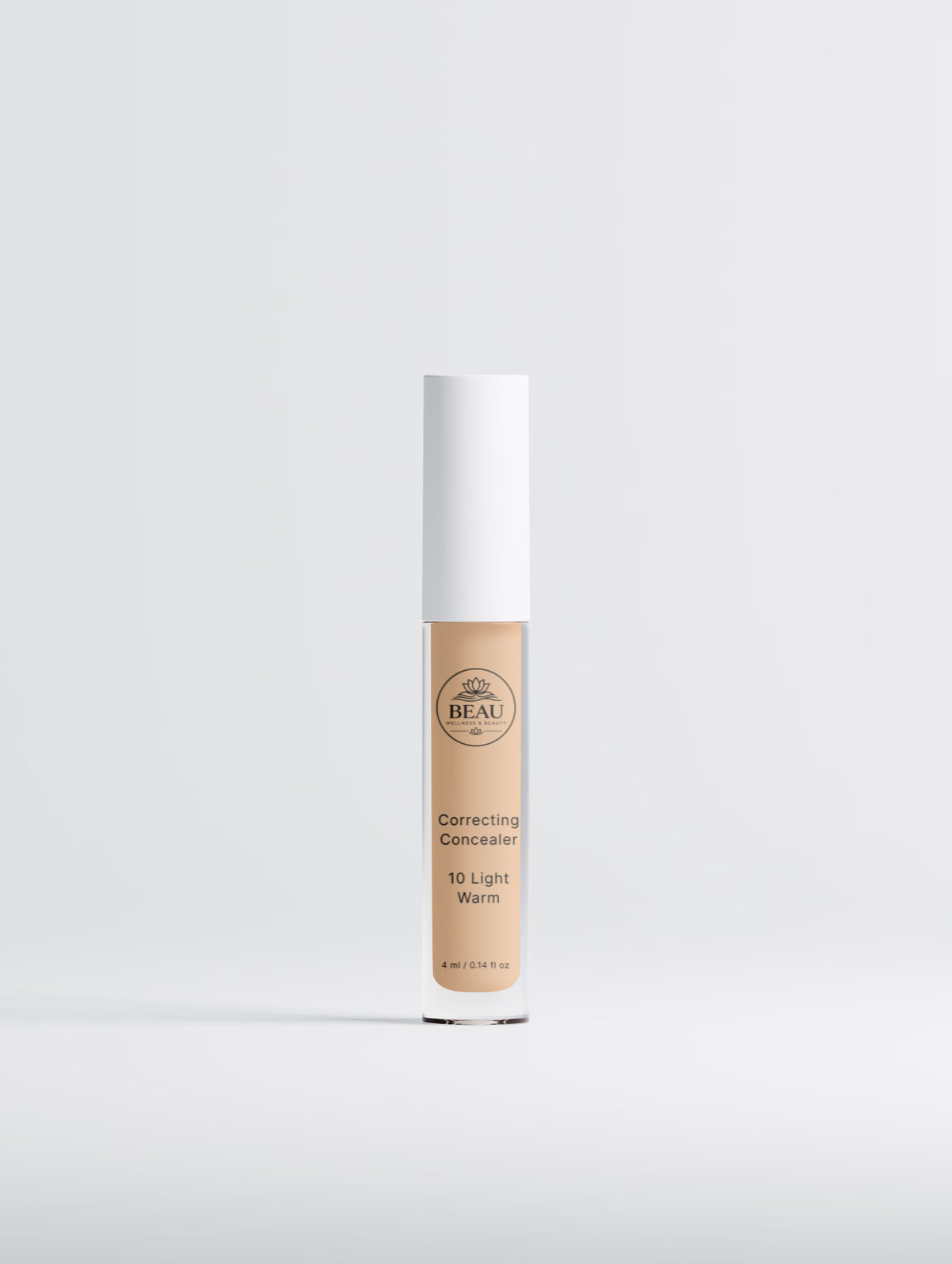 A single bottle of BEAU Correcting Concealer in shade 10 Light Warm, shown on a clean light gray background.