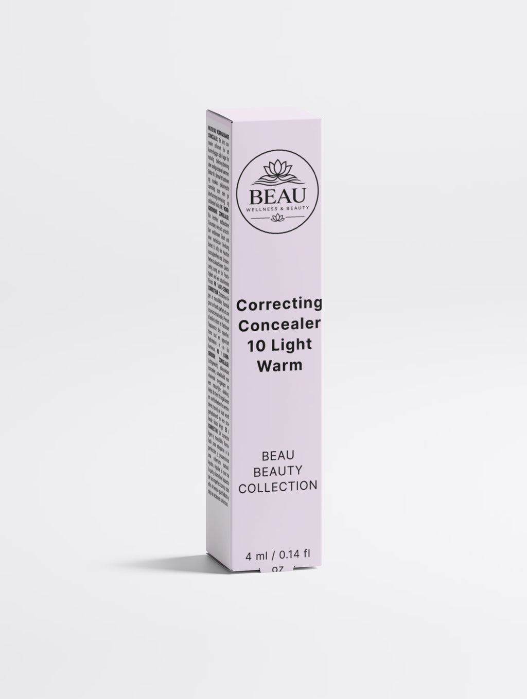 A tall, slim rectangular box for BEAU Beauty Correcting Concealer in shade 10 Light Warm, shown on a clean light gray background.