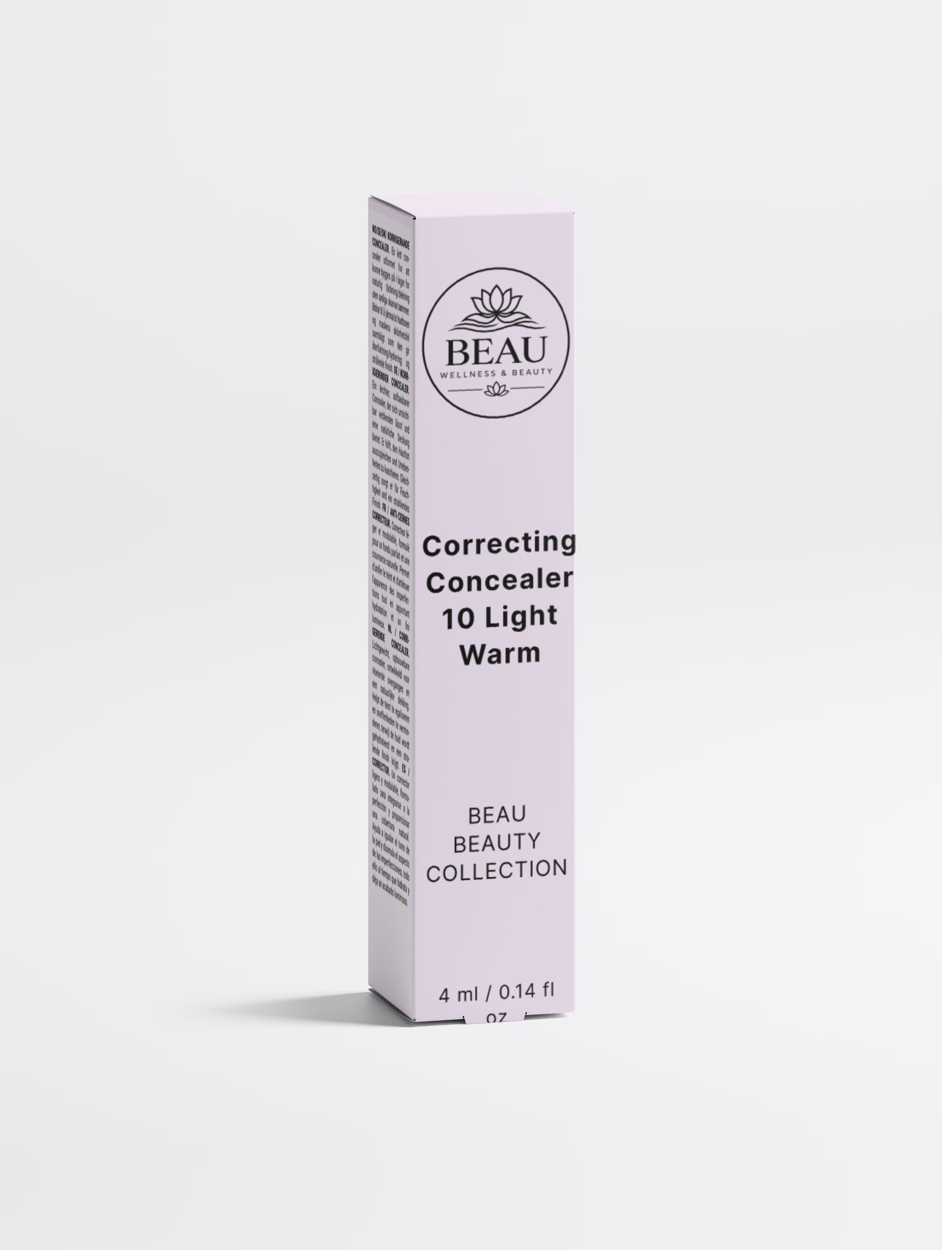A tall, slim rectangular box for BEAU Beauty Correcting Concealer in shade 10 Light Warm, shown on a clean light gray background.