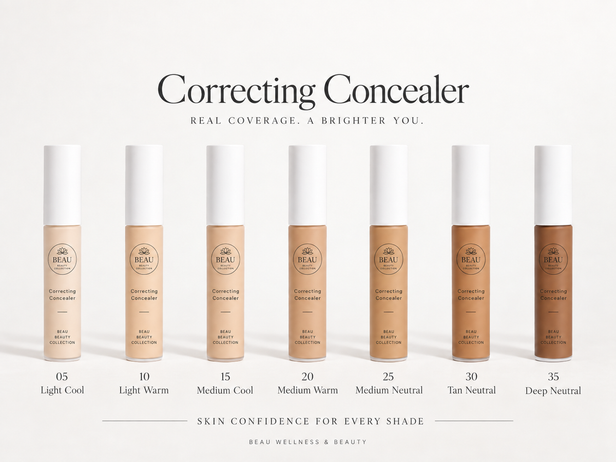 Beau Wellness & beauty Correcting Concealer shades, 05 light cool thrur 35 deep neutral on a white background.