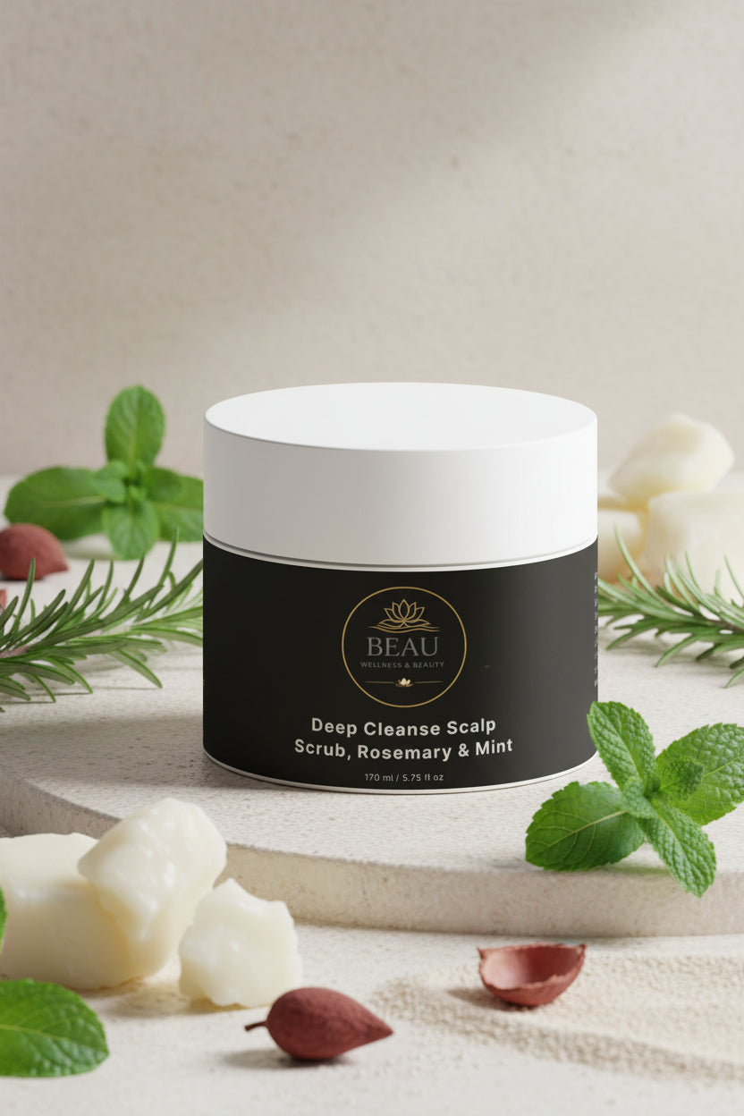 Jar of Beau Wellness & Beauty Deep Cleanse Scalp Scrub with Rosemary & Mint with a black label with a white top with rosemary and mint leaves with shea butter and cherry shells in the  background.