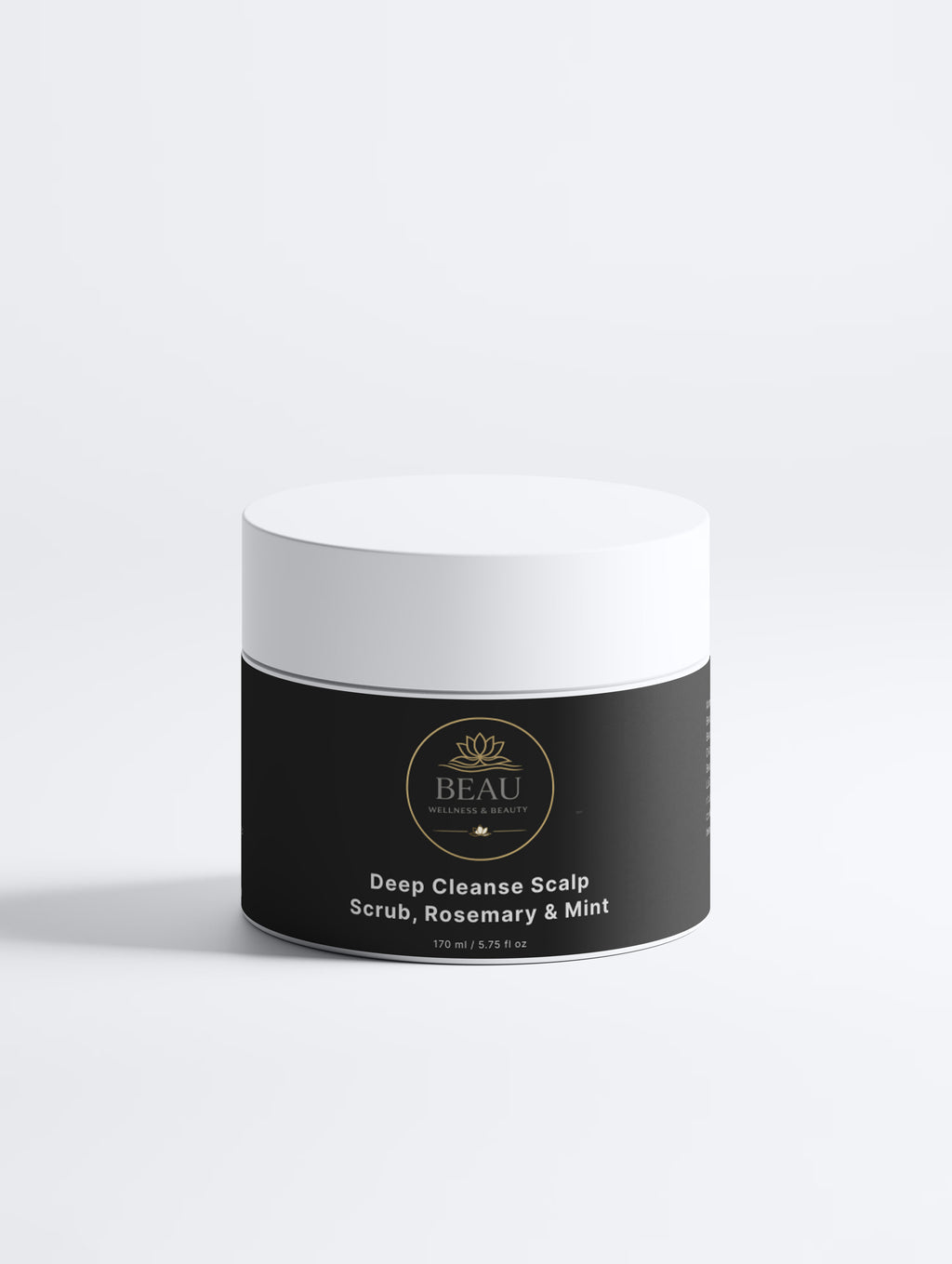 Jar of Beau Wellness & Beauty Deep Cleanse Scalp Scrub with Rosemary & Mint with a black label with a white top on a white background