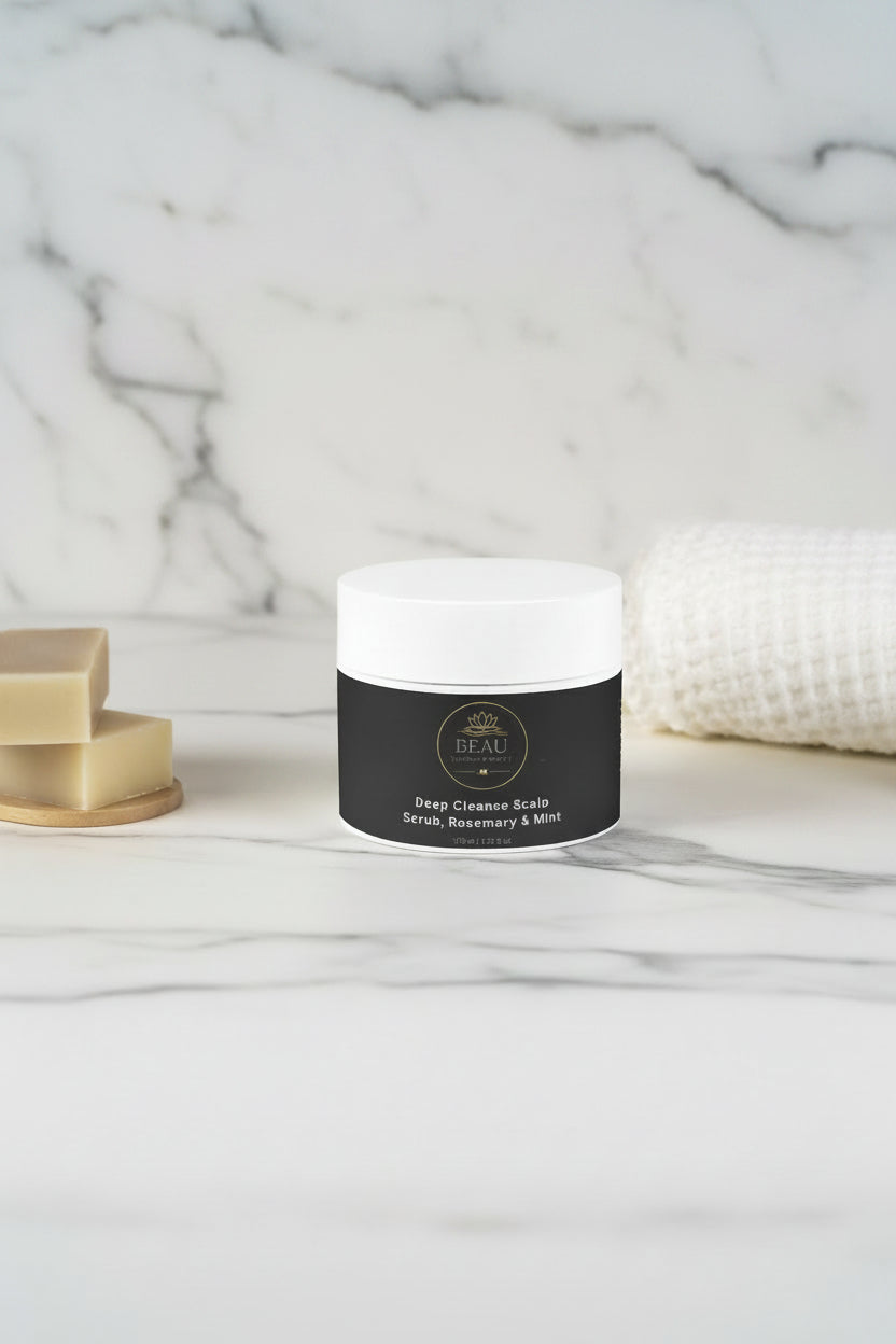 Jar of Beau Wellness & Beauty Deep Cleanse Scalp Scrub with Rosemary & Mint with a black label with a white top on a white marble background with soap and towel.