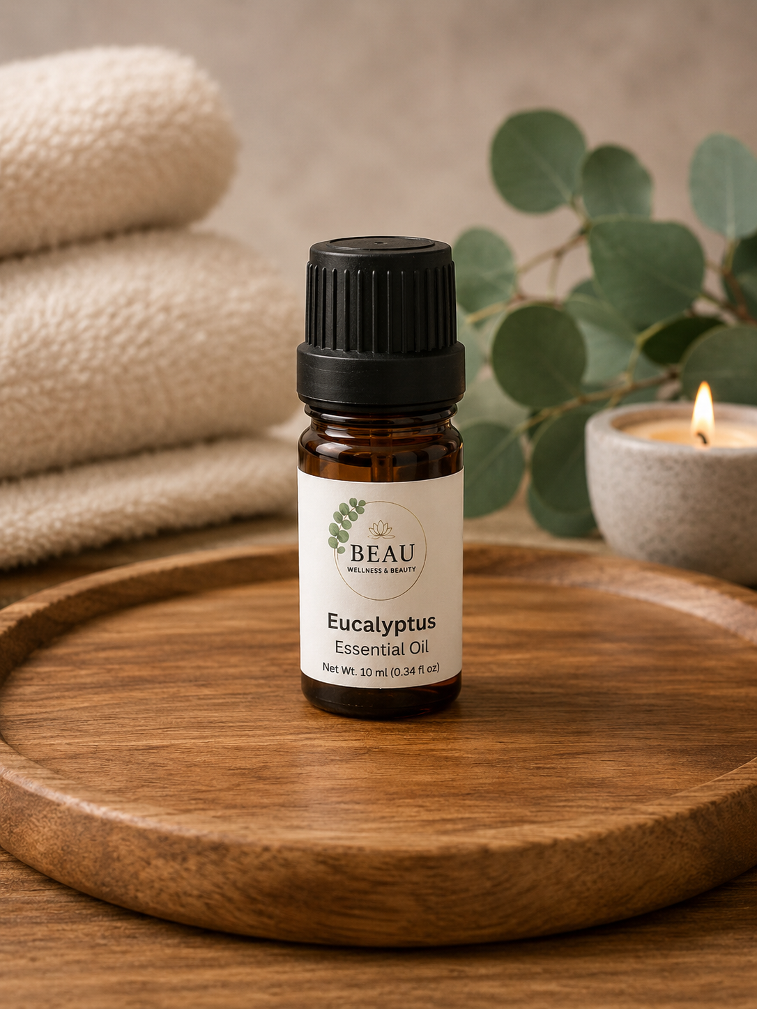 10 ml Bottle of Beau Wellness & Beauty Eucalyptus essential oil on a wooden tray with a candle and eucalyptus leaves in the background.