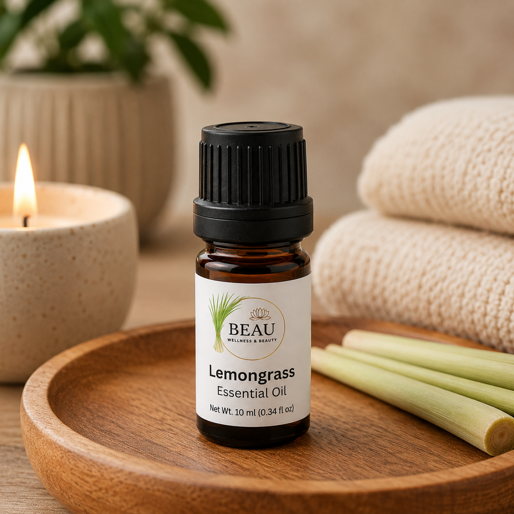 Bottle of Beau Lemongrass Essential Oil on a wooden tray with lemongrass stalks and a candle in the background.