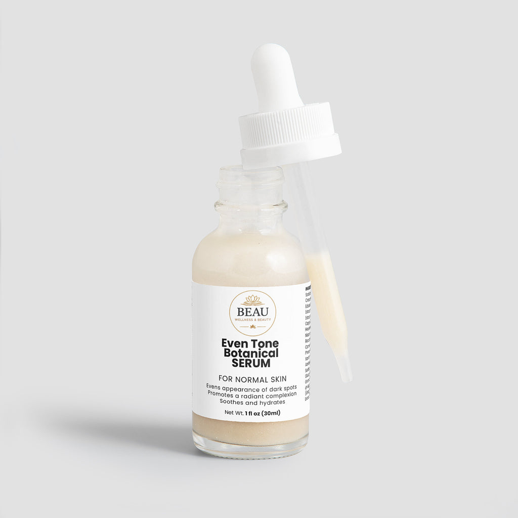 Beau Wellness & Beauty Even Tone Botanical Serum for normal skin.  high-performance brightening serum featuring kojic Acid, Niacinamide, and antioxidant-rich pomegrante seed oil
