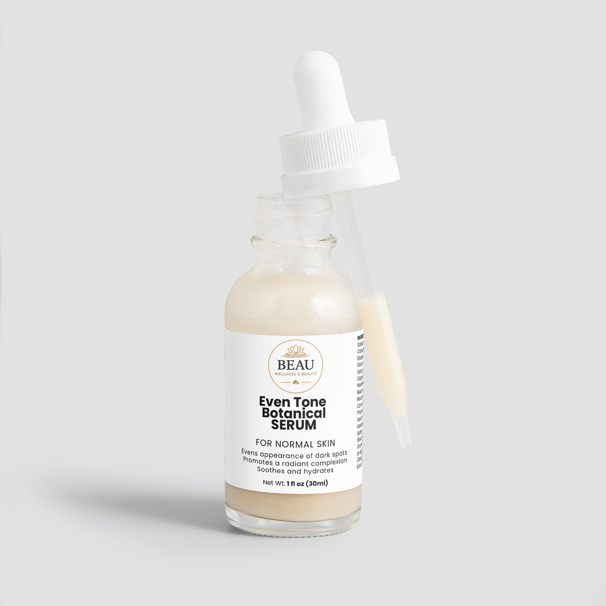 Beau Wellness & Beauty Even Tone Botanical Serum for normal skin.  high-performance brightening serum featuring kojic Acid, Niacinamide, and antioxidant-rich pomegrante seed oil