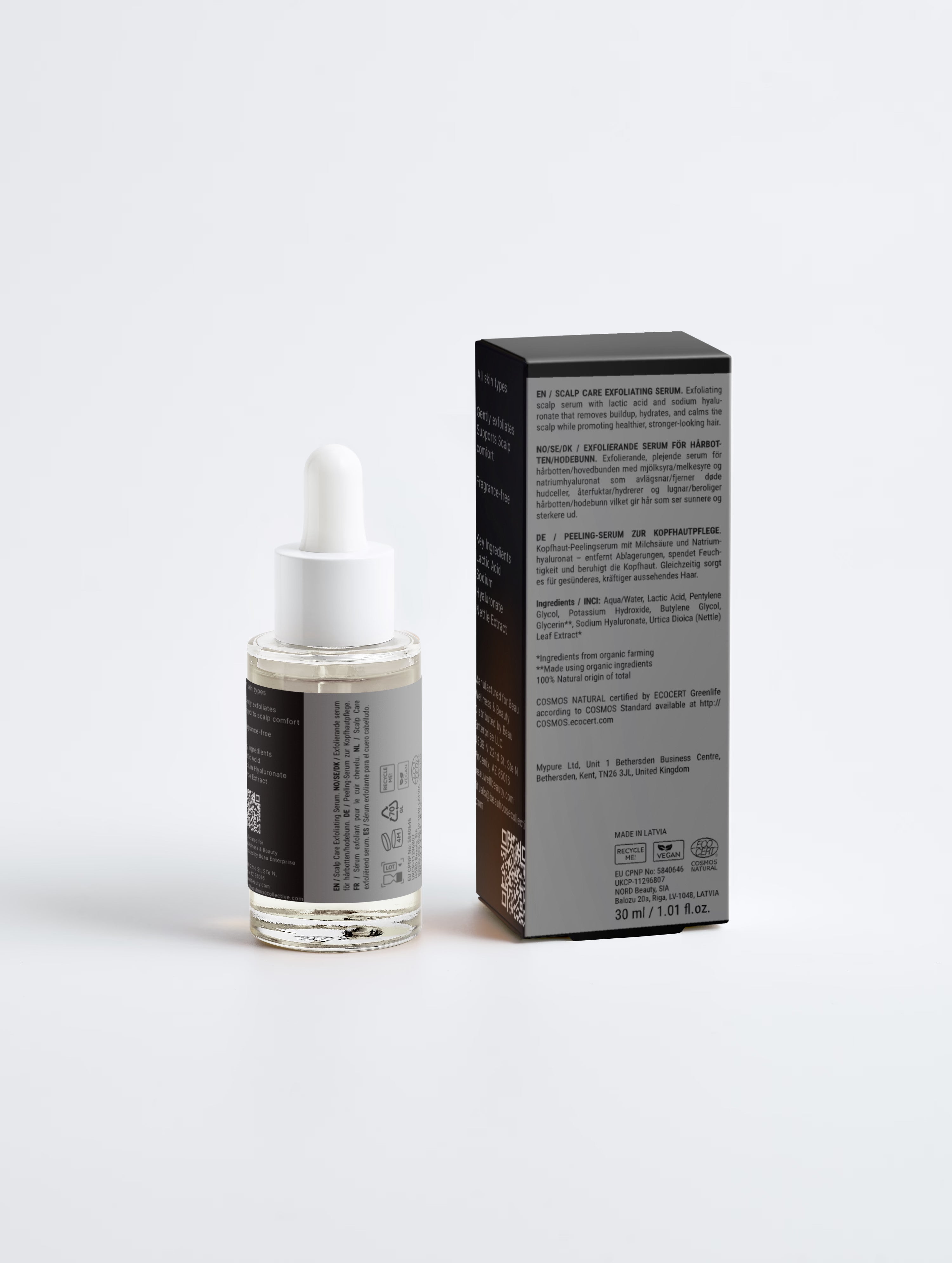Back of Beau Skincare Scalp Renewal Exfoliating Serum shown with its black retail box and clear dropper bottle on a light gray studio background.