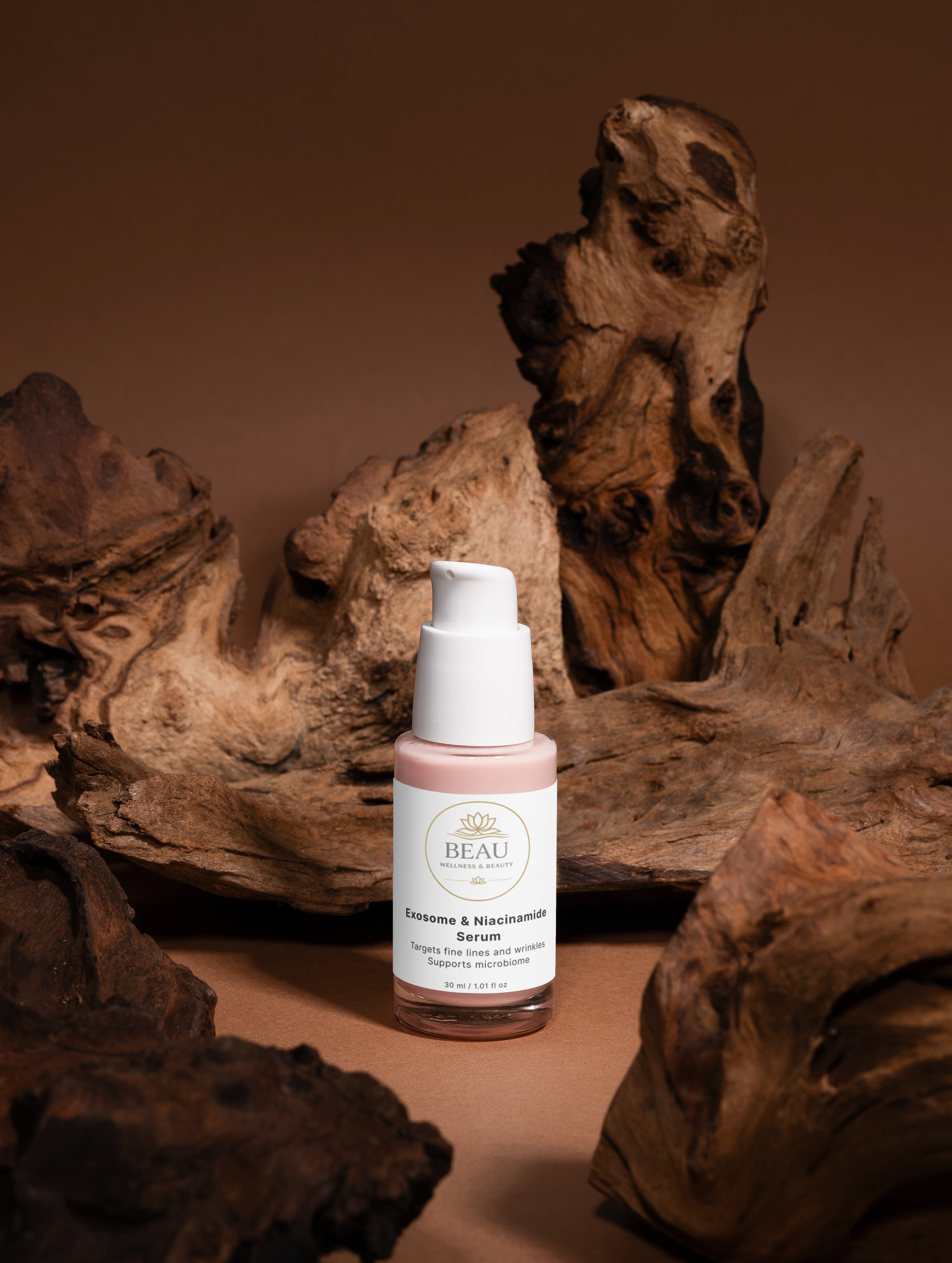 Exosome & Niacinamide Serum bottle staged on a dramatic, warm-toned rocky desert landscape background.