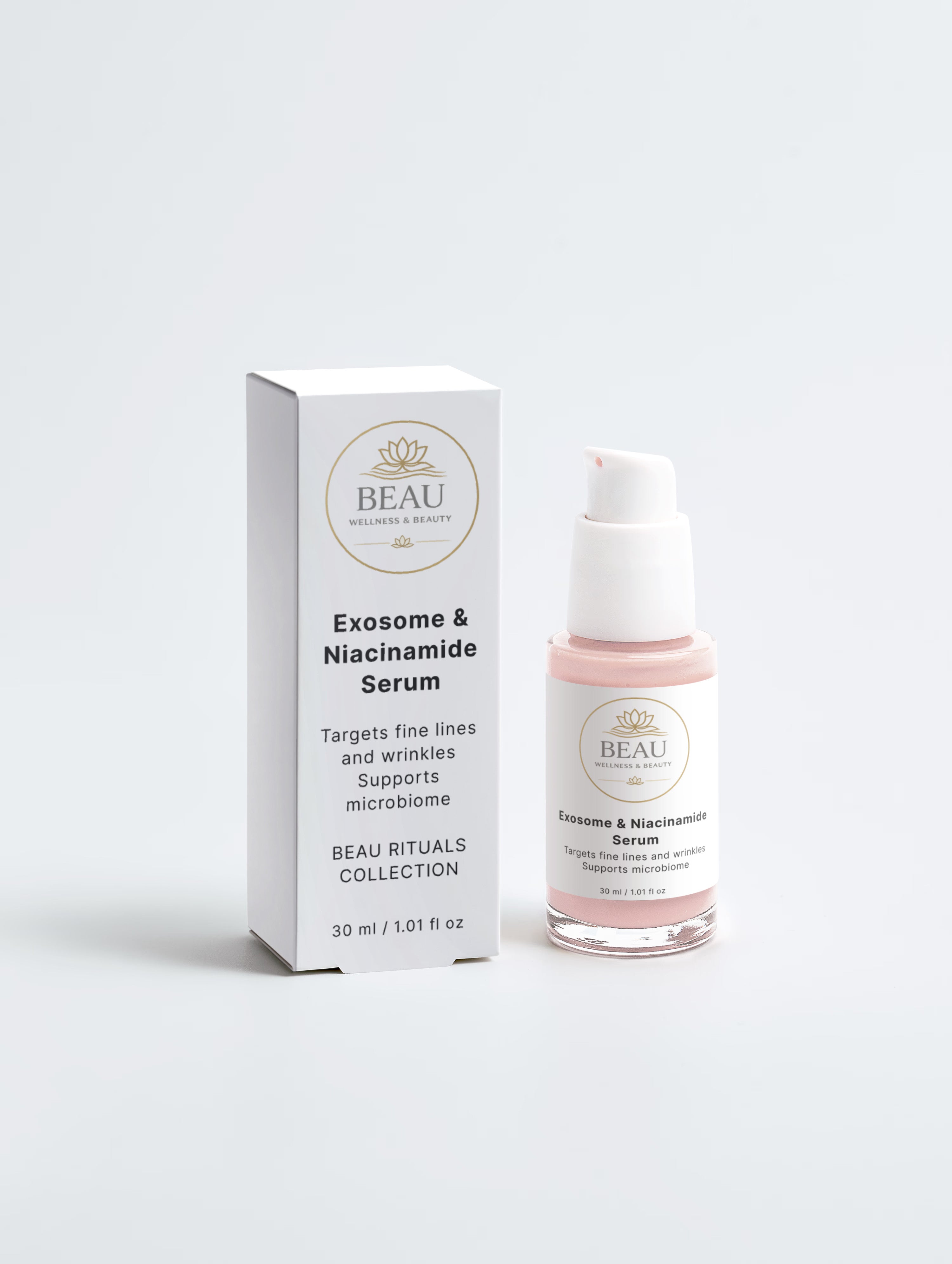 Beau Wellness & Beauty Exosome & Niacinamide Serum with packaging on a white background