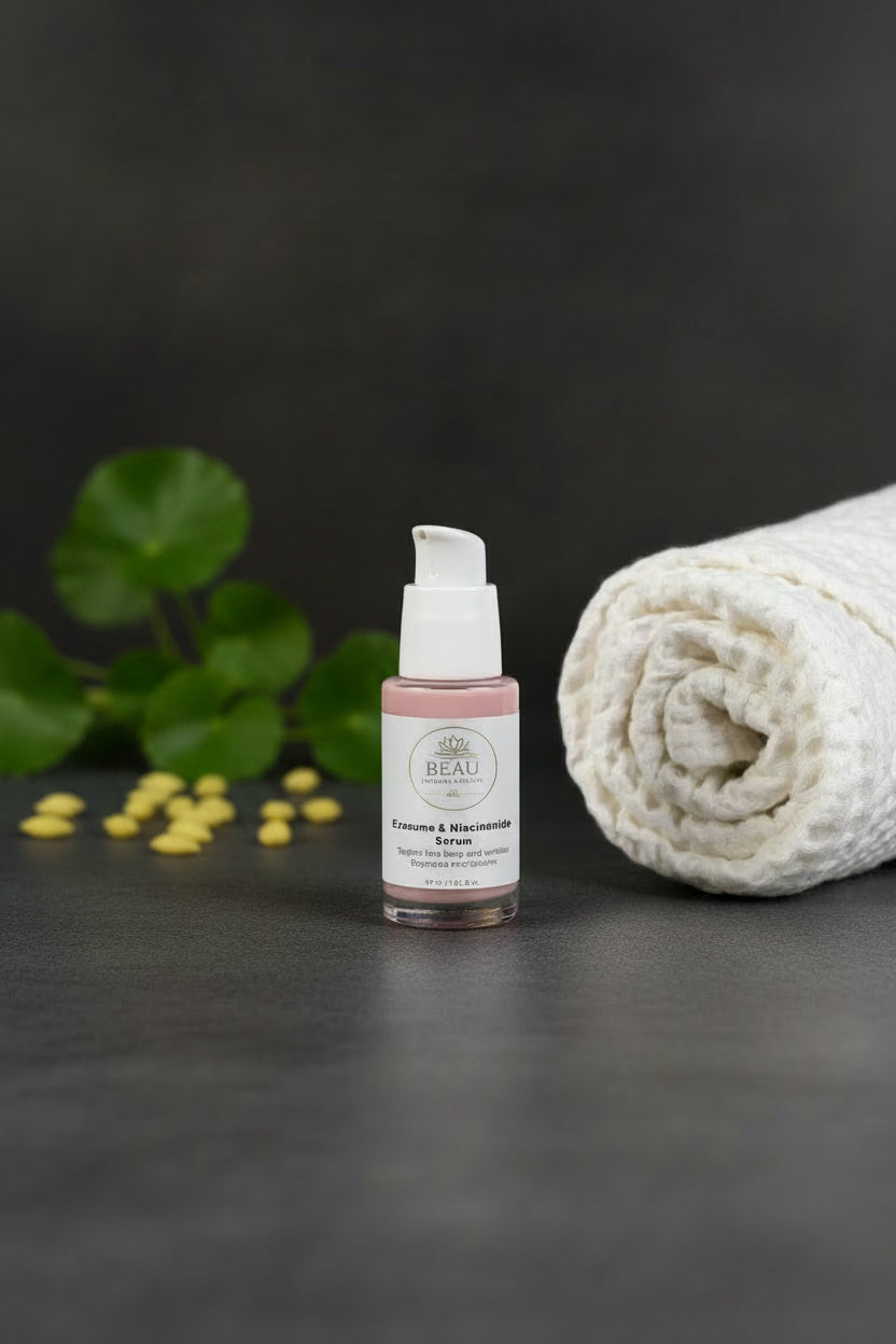 Beau Wellness & Beauty Skincare serum bottle displayed on a dark textured surface next to a rolled white cloth towel and fresh green botanical ingredients.
