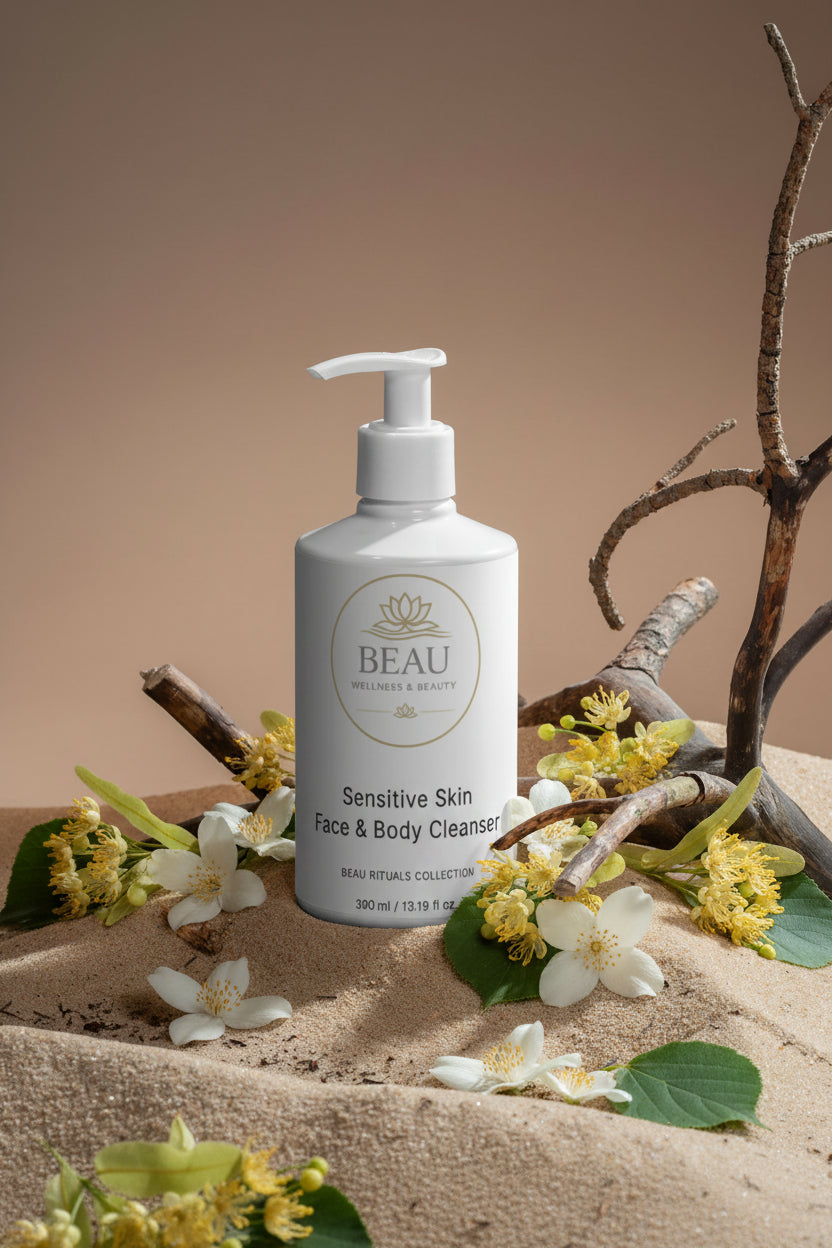 Beau Wellness & Beauty Sensitive skin face and body wash pump bottle on sand with driftwood