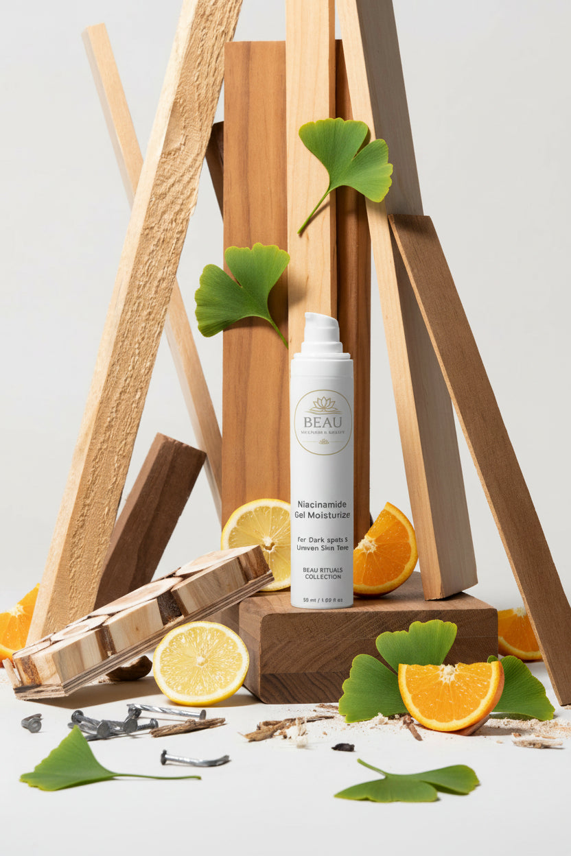 Beau Wellness & Beauty Niacinamide Gel Moisturizer on wood scaple with citrus fruits and ginkgo leaves. 