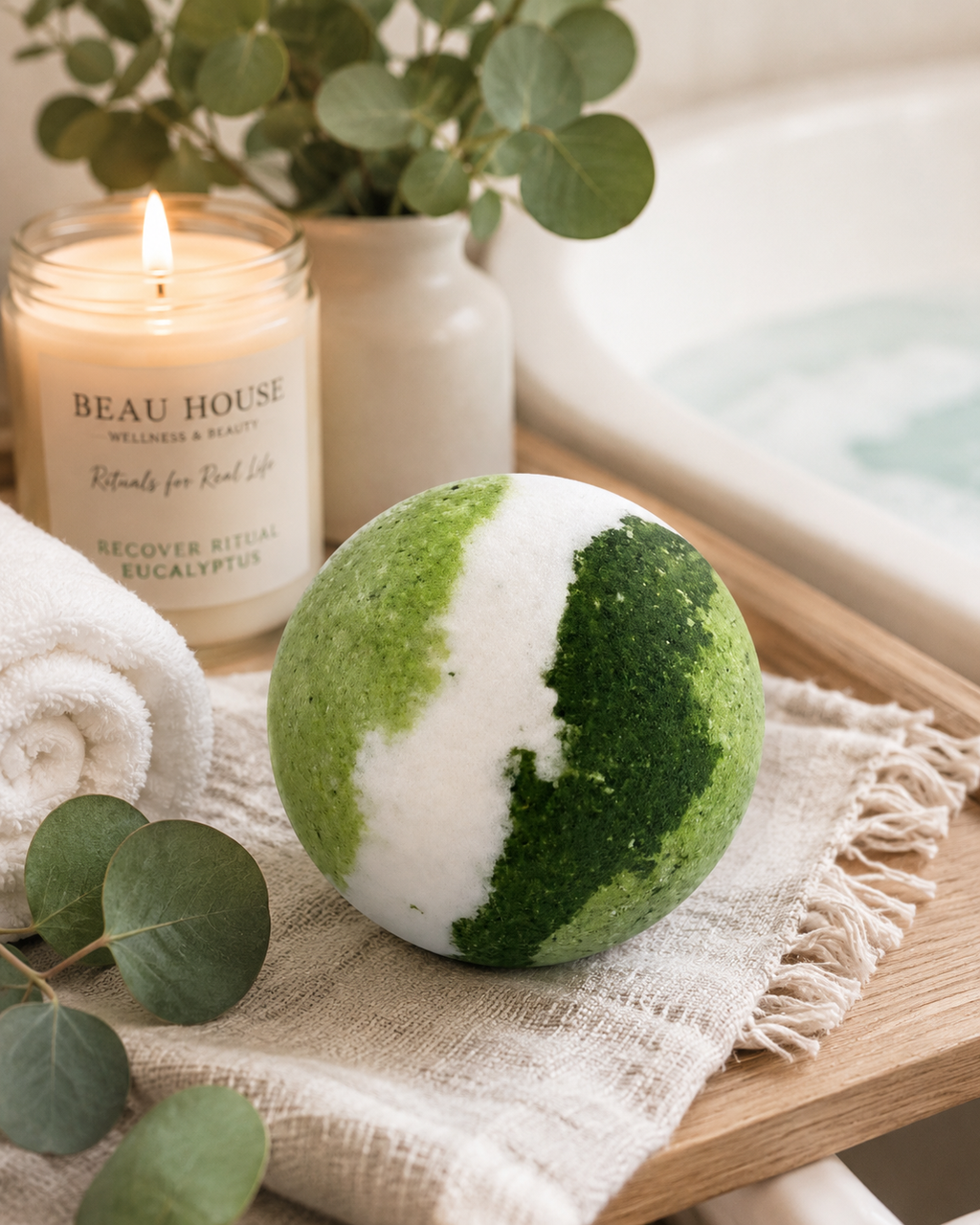 Beau Wellness & Beauty Handcrafted Recover Ritual Eucalyptus Green and white bath bomb on a towel with a candle and eucalyptus leaves in the background.