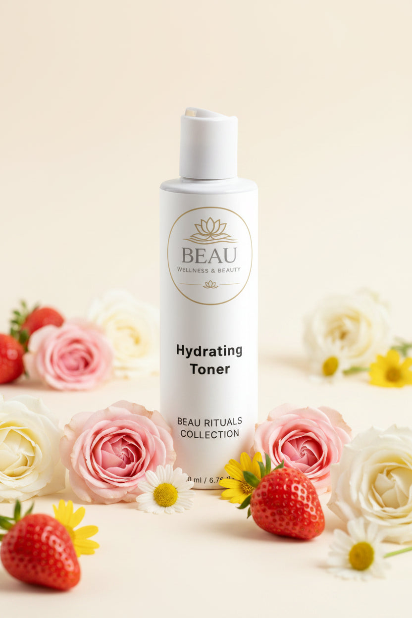 White bottle of Beau Wellness & Beauty Hyaluronic Acid Hydrating Toner with strawberries, roses and chamomile in the background