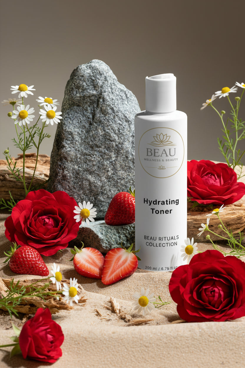 Beau Wellness & Beauty Hyaluronic Acid Hydrating toner bottle on a natural stone surface with driftwood roses, chamomile, and strawberries