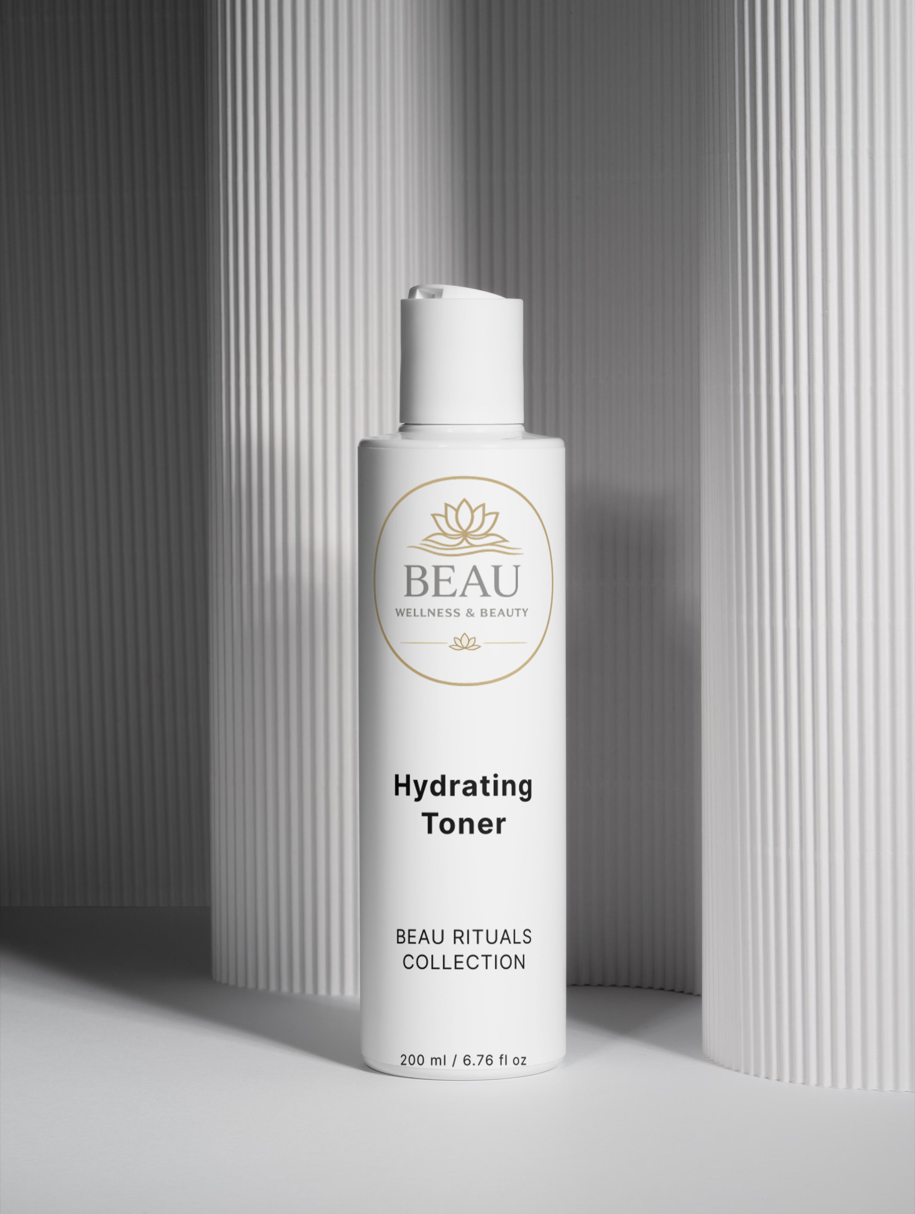 Beau Wellness & beauty hydrating toner bottle on a gray background