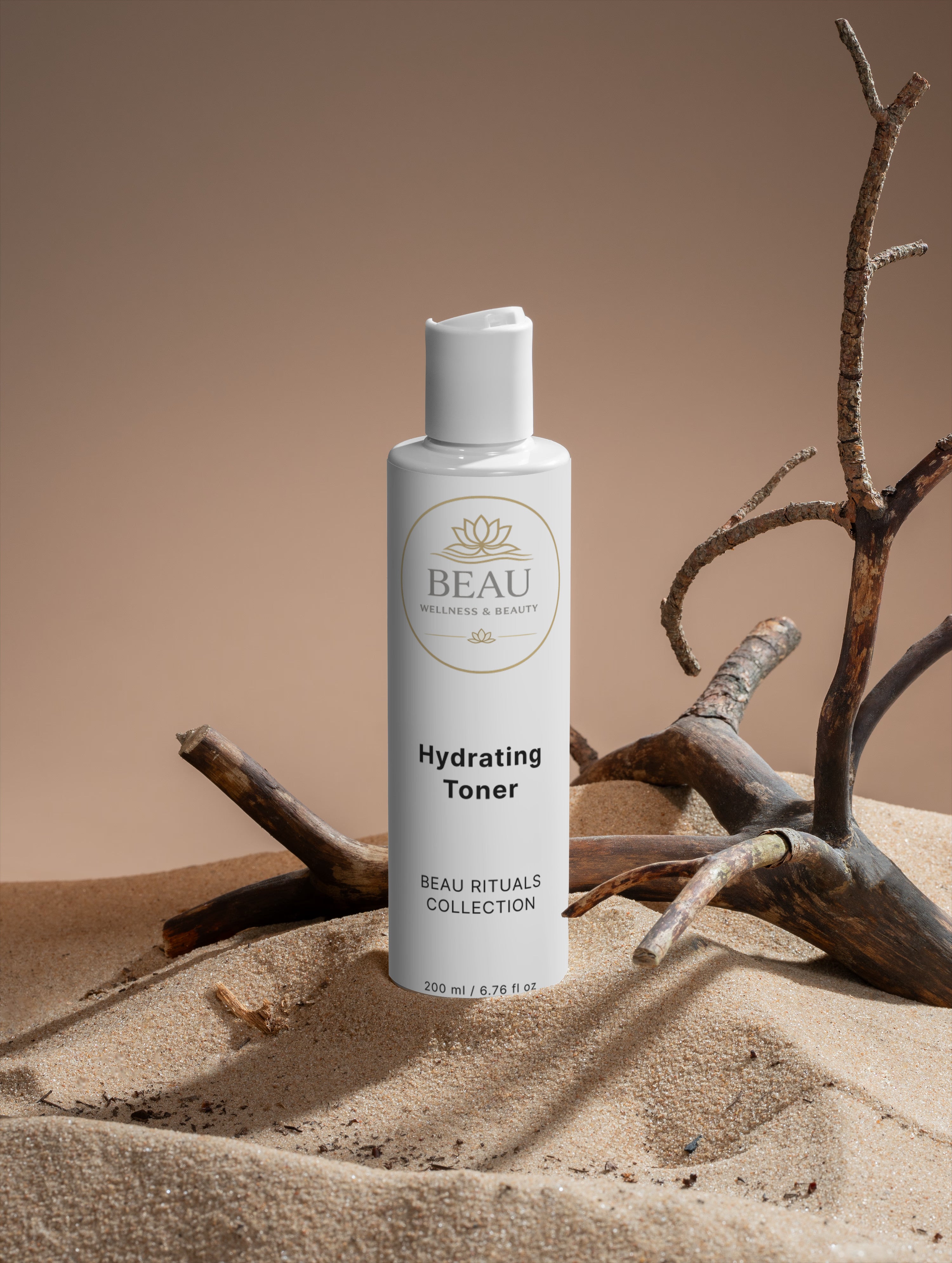 Beau Wellness & Beauty Hydrating Toner with Hyaluronic Acid Skincare bottle with natural elements on a beige background