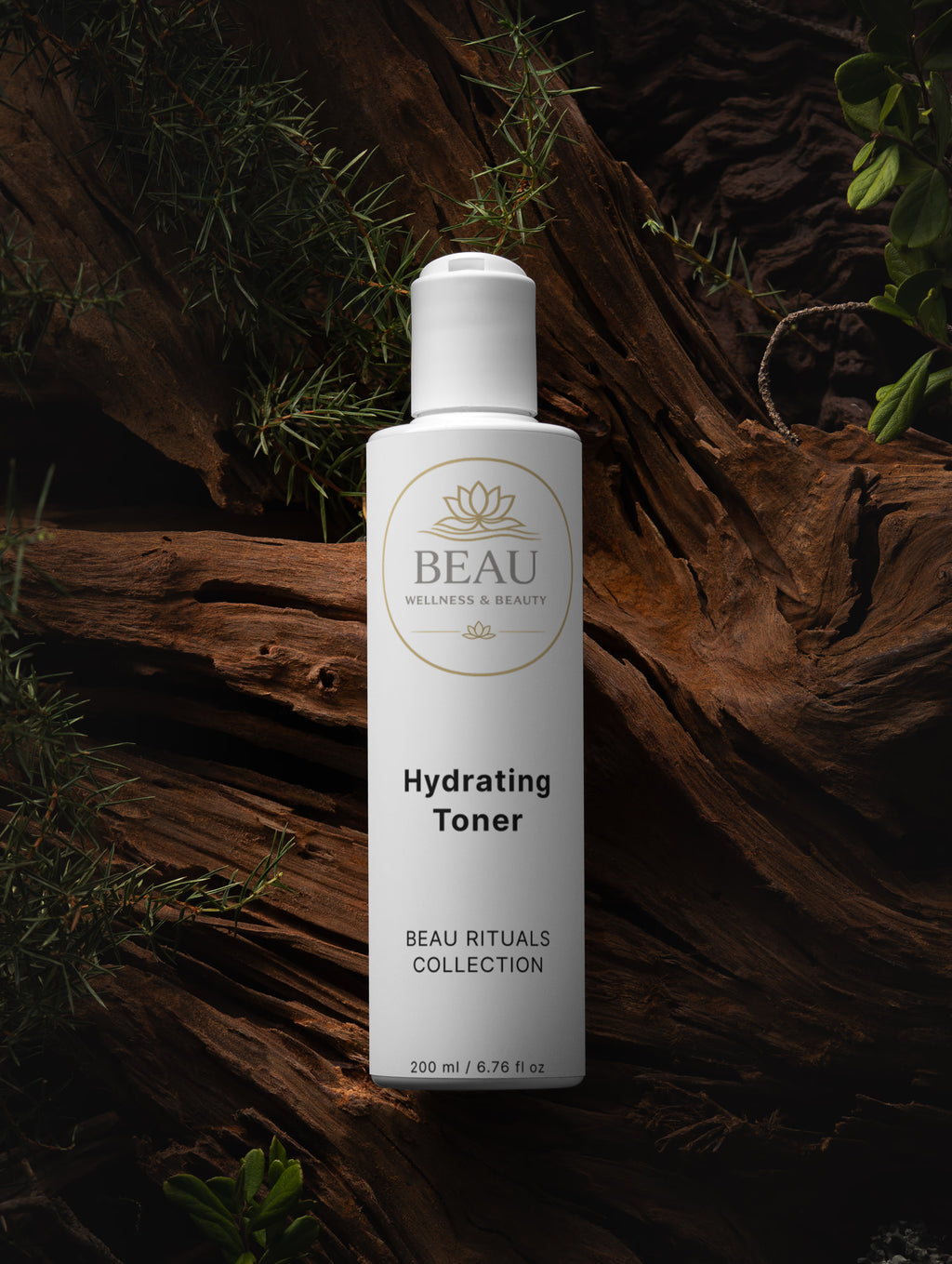 BEAU Wellness & Beauty Hydrating Toner bottle on a dark wooden background