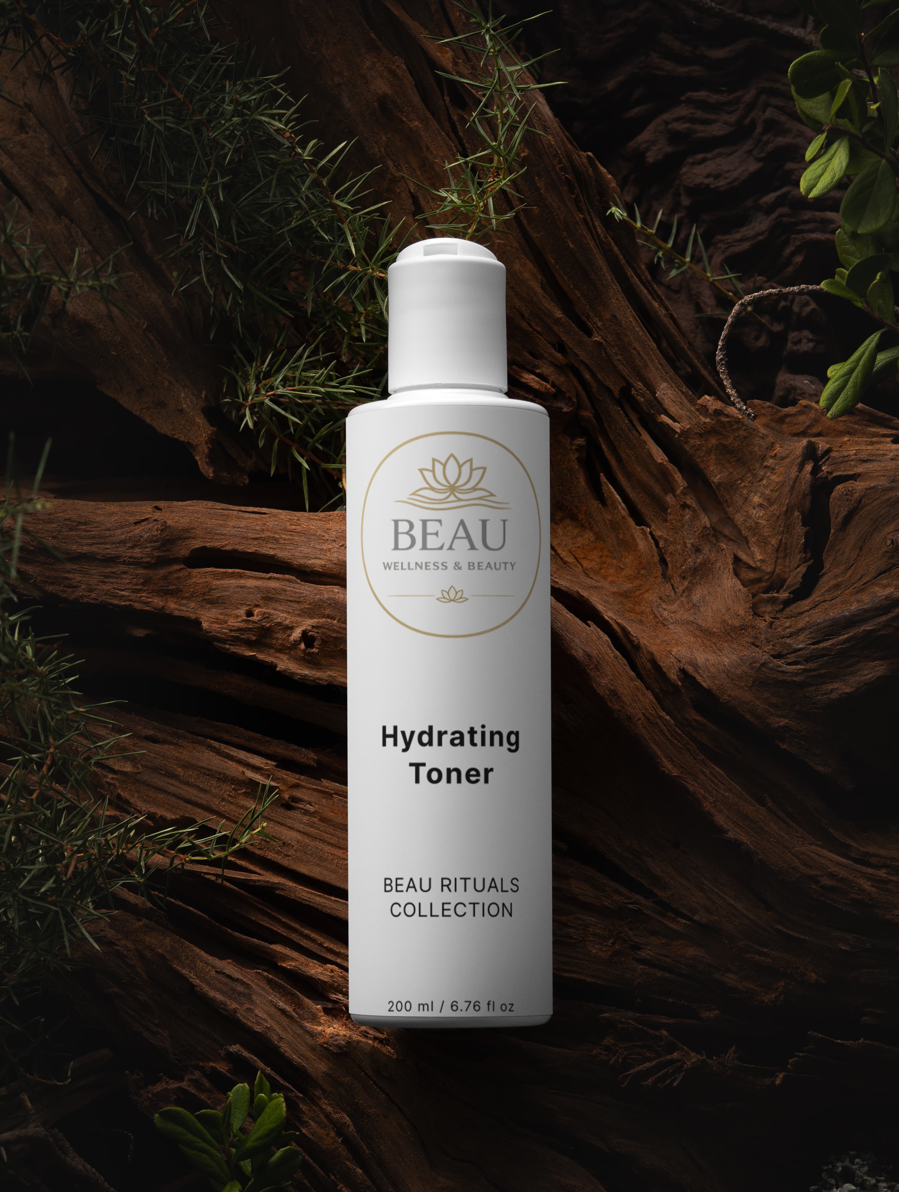 BEAU Wellness & Beauty Hydrating Toner bottle on a dark wooden background