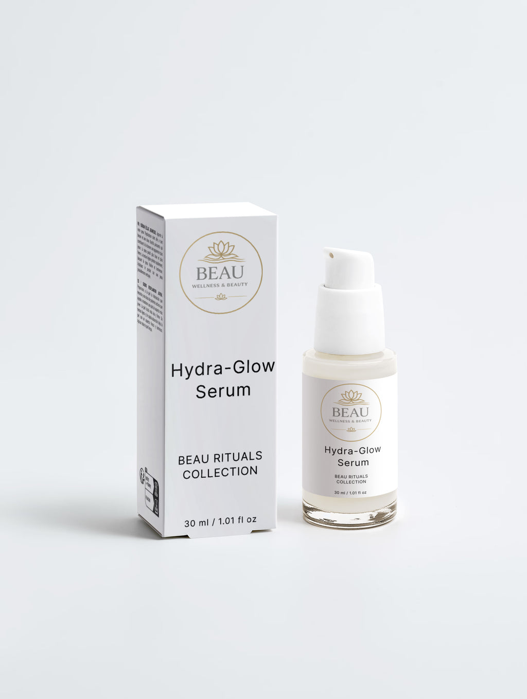 BEAU Wellness & Beauty Hydra-Glow Serum shown with its white product box and clear pump bottle on a clean white background.