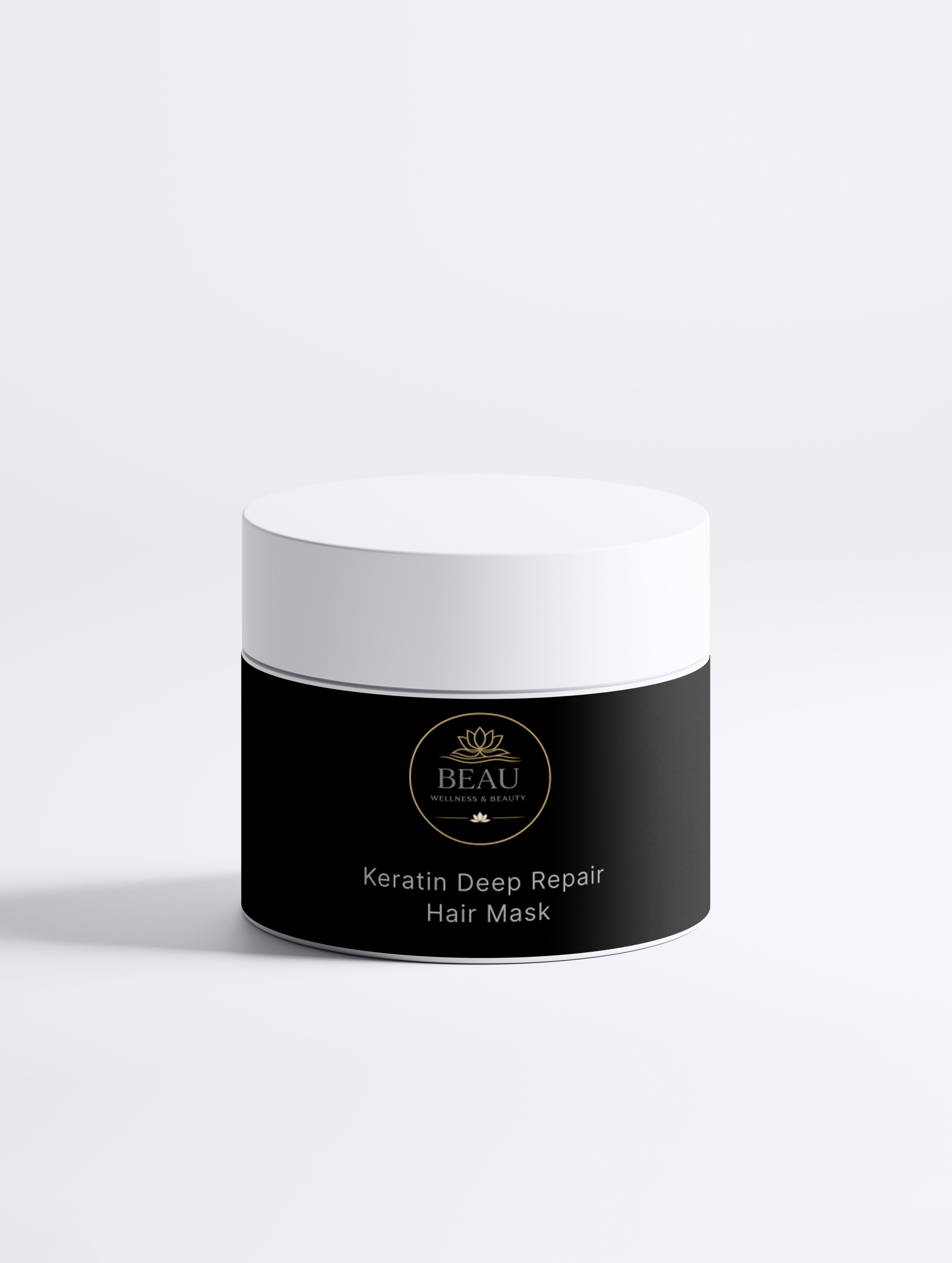 Beau Wellness & Beauty Keratin Deep Repair Hair Mask for dry and damaged hair, featuring hydrolyzed keratin and botanical oils.