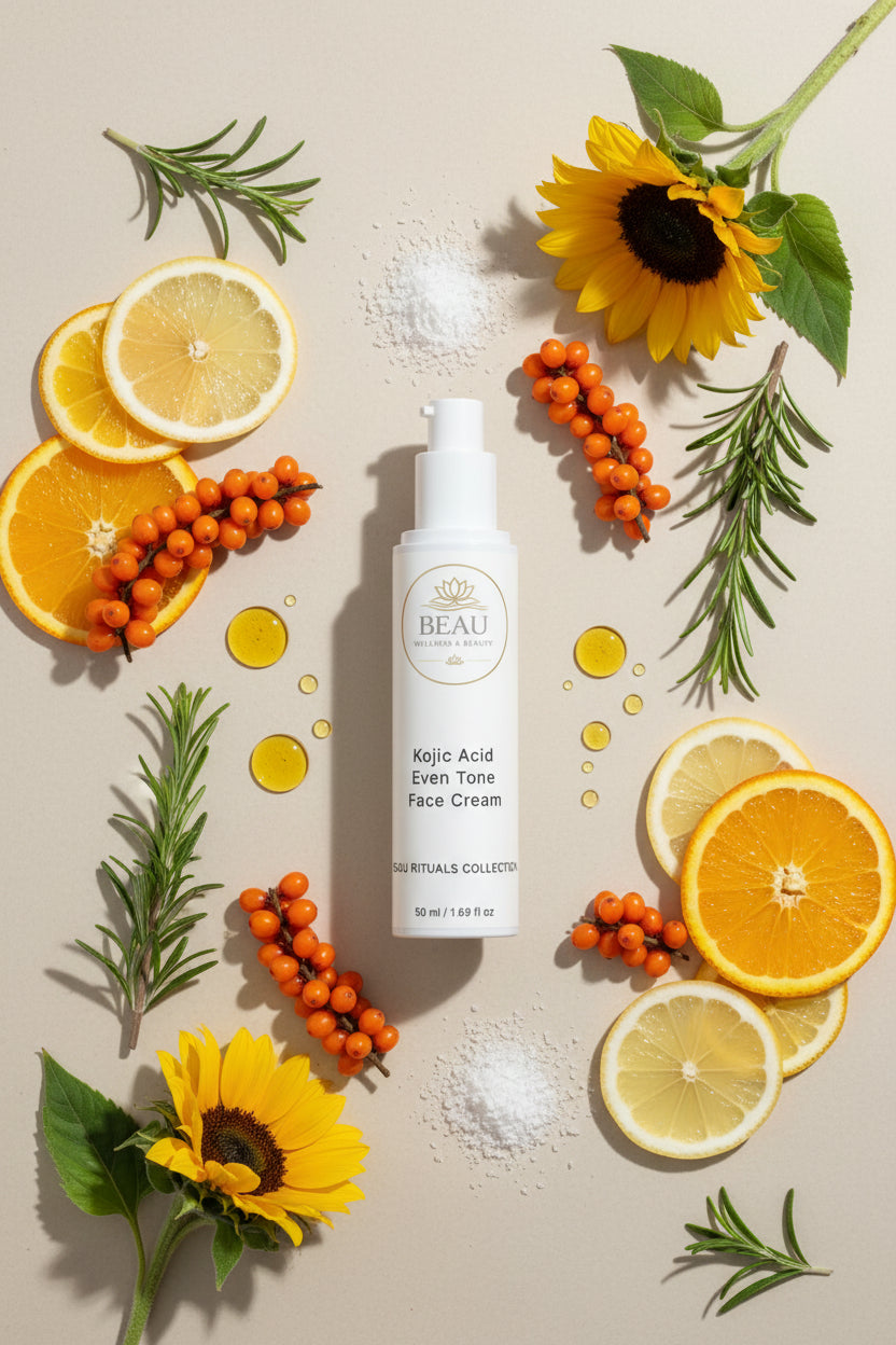 Beau Wellness & Beauty Kojic Acid Even Tone Face Cream with sunflowers, rosemary, orange and lemon slices in the background with a few drops of oil.
