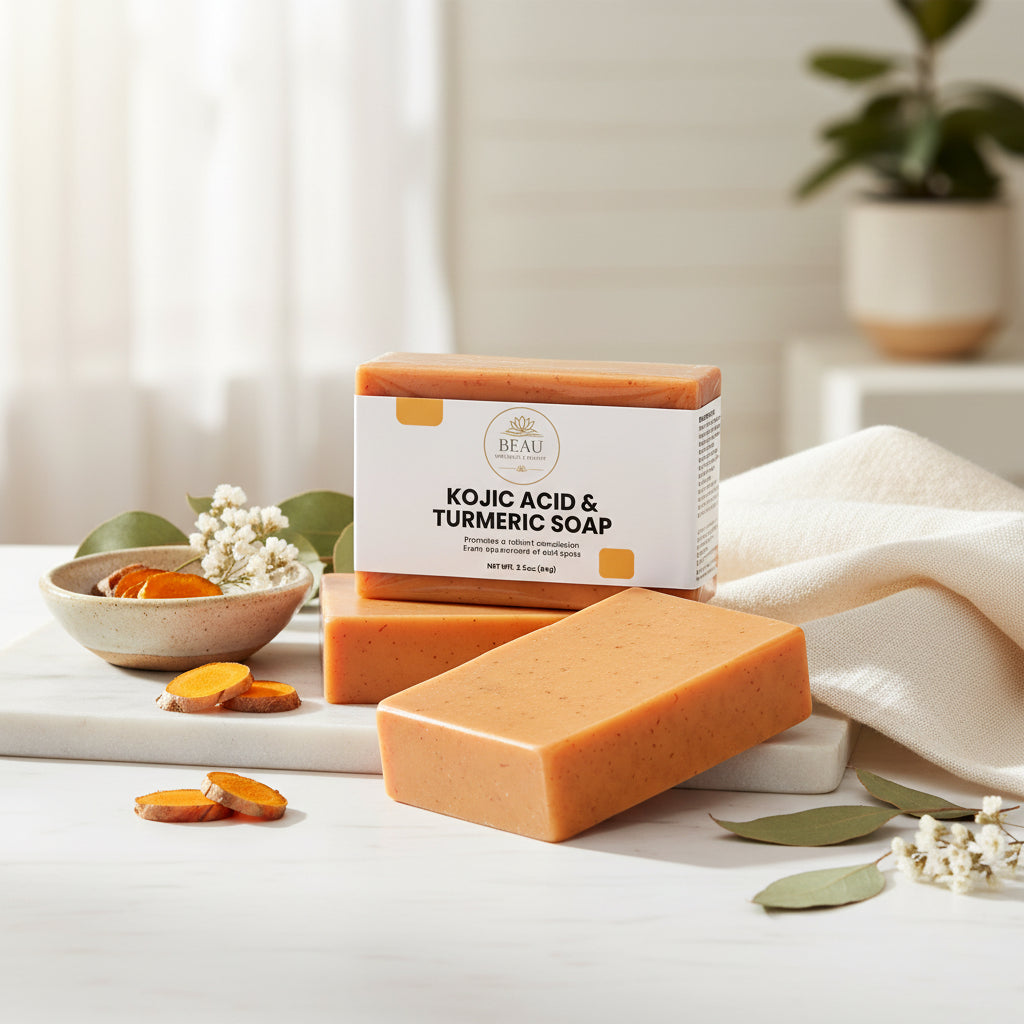 Kojic Acid & Turmeric Soap with Beau Wellness & Beauty packaging 
