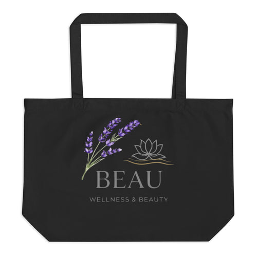 Black Large Organic Market Tote bag featuring a printed lavender sprig, lotus flower logo, and the Beau Wellness & Beauty brand name.⁠
