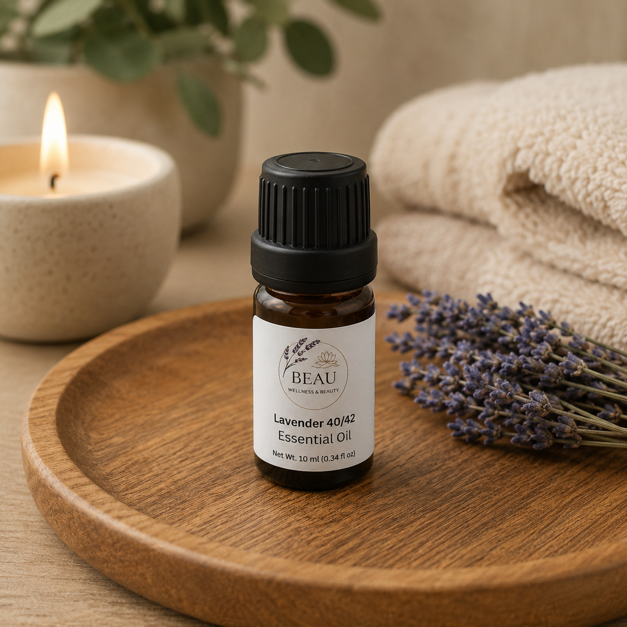 Bottle of Beau Lavender 40/42 essential oil on a wooden tray with lavender flowers and a candle in the background.