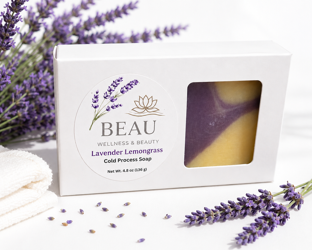 Box of BEAU Wellness & Beauty Lavender Lemongrass handcrafted cold process soap in packaging with lavender flowers around