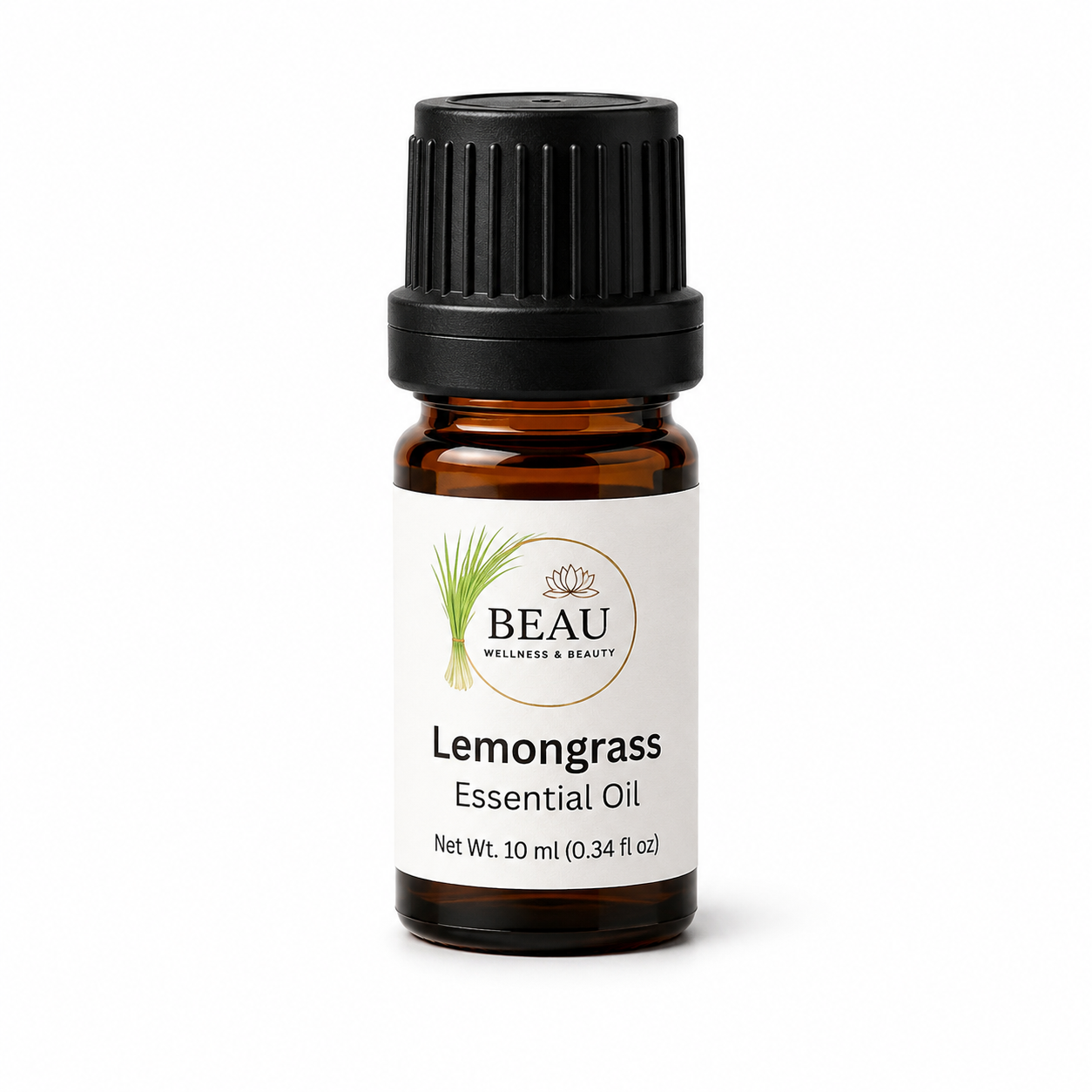Lemongrass premium aromatic essential oil in a 10 mL amber glass bottle from the Beau Wellness & Beauty Reset Ritual Collection.⁠