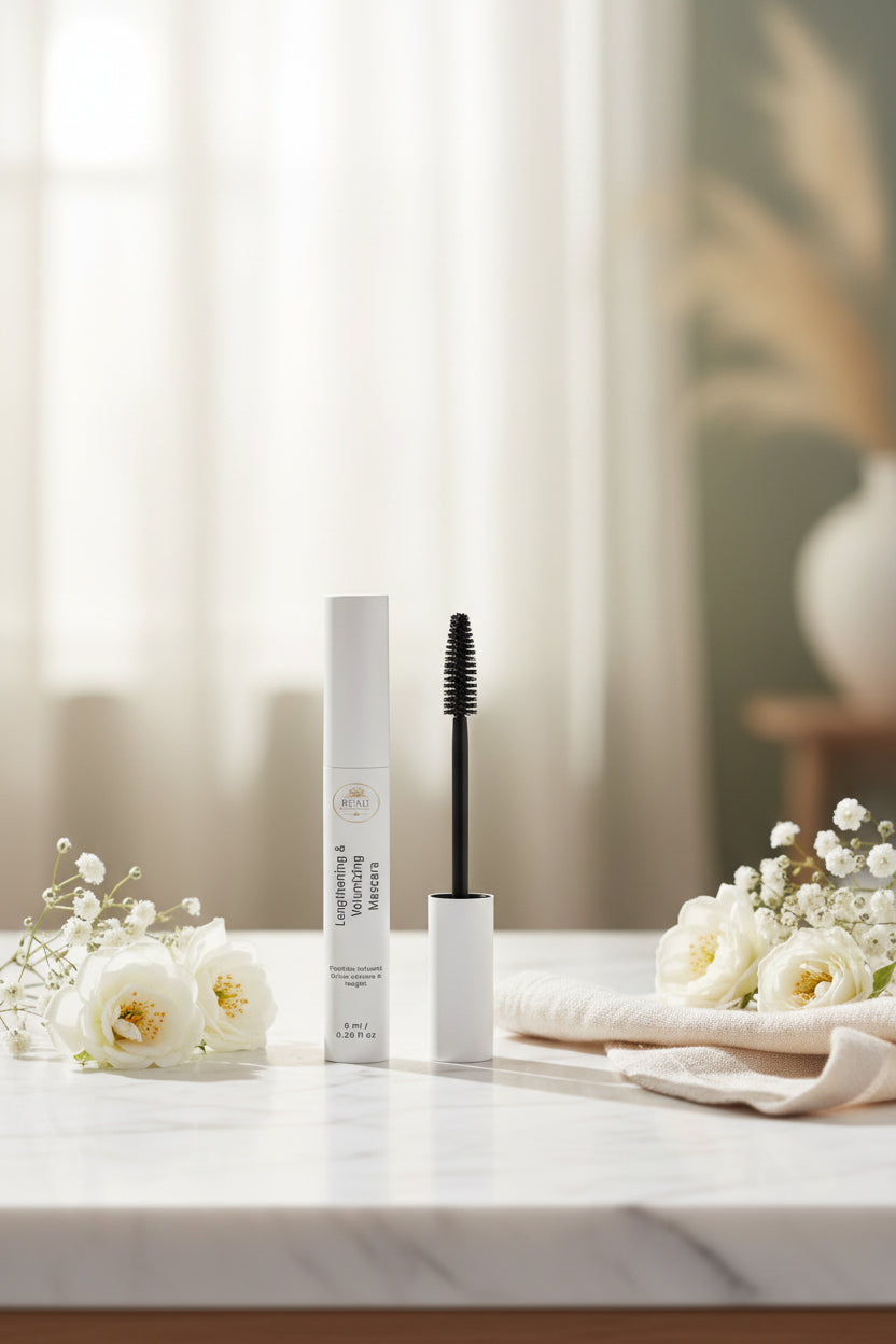 Beau Wellness & Beauty Lengthening and Volumizing Mascara peptide infused on marble counter with white roses and baby fresh.