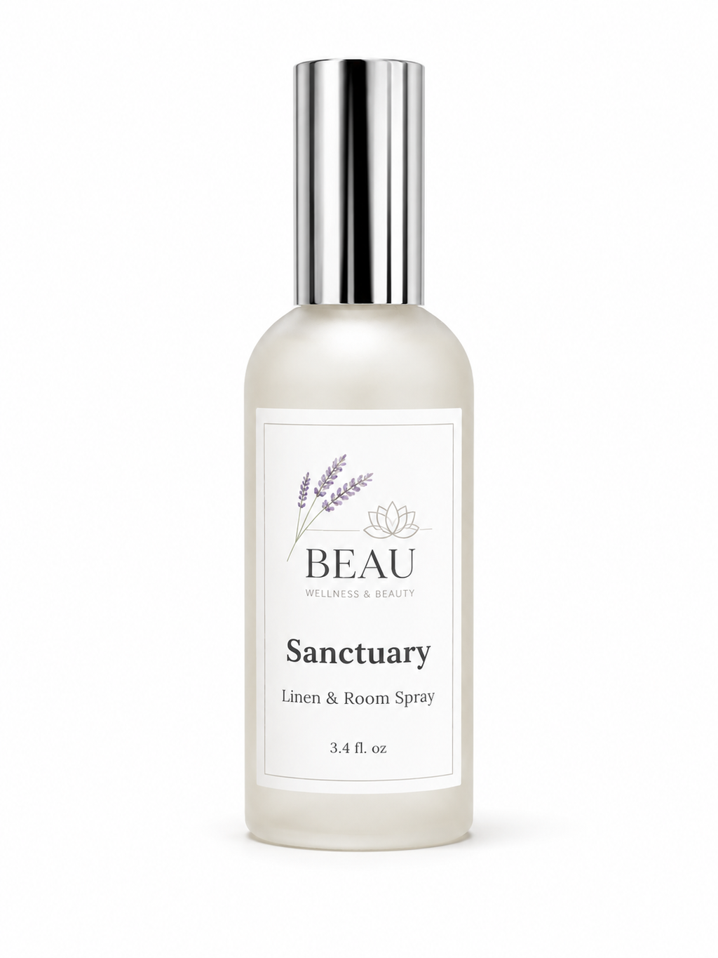 Beau Wellness & Beauty Sanctuary Linen & Room Spray featuring notes of lavender, lemongrass, and white tea on white background.