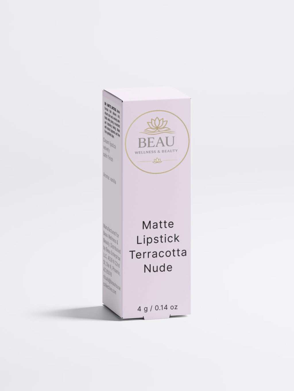Beau Wellness & Beauty Matte Lipstick (Terracotta Nude) | Vegan & Natural purple box on white background.