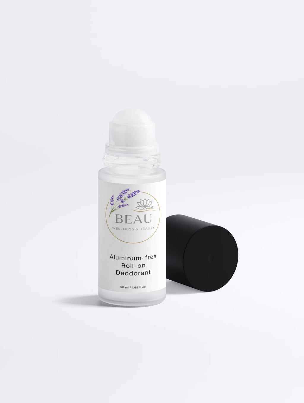 Beau Wellness & Beauty Natural Aluminum Free Roll on Deodorant with black top on white background.