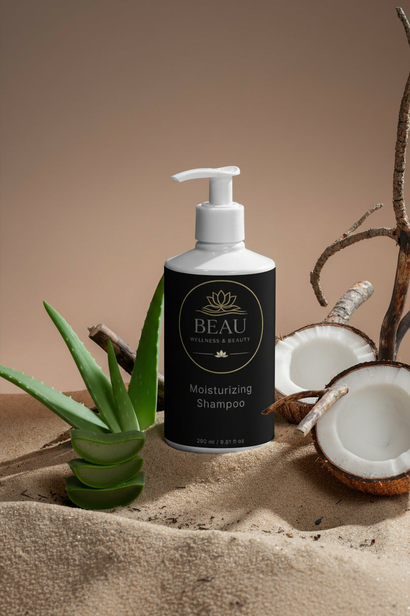 Beau Wellness & Beauty Moisturizing Shampoo with Aloe and Coconut on the sand on white background.