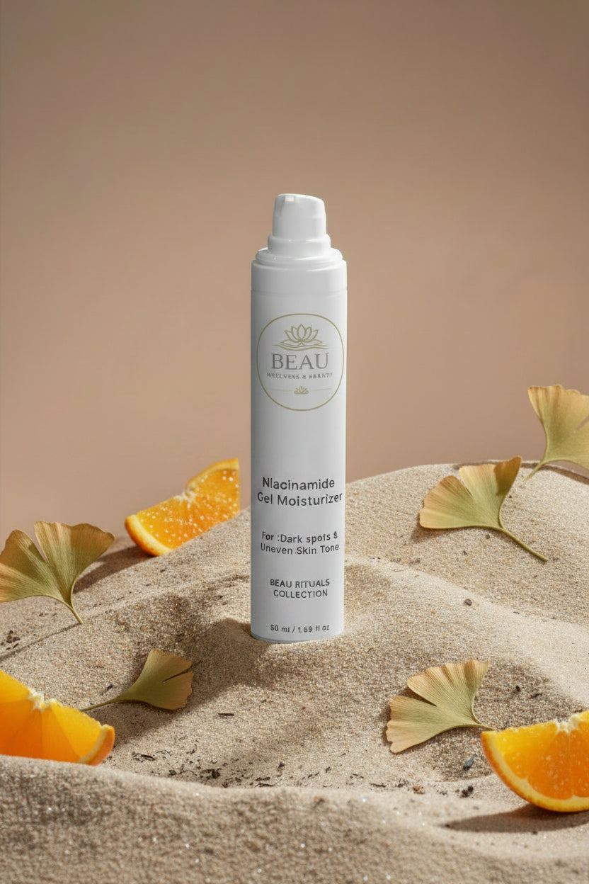 Beau Wellness & Beauty Niacinamide Gel Moisturizer with orange slices and ginkgo biloba leaves in the sand with a beige background