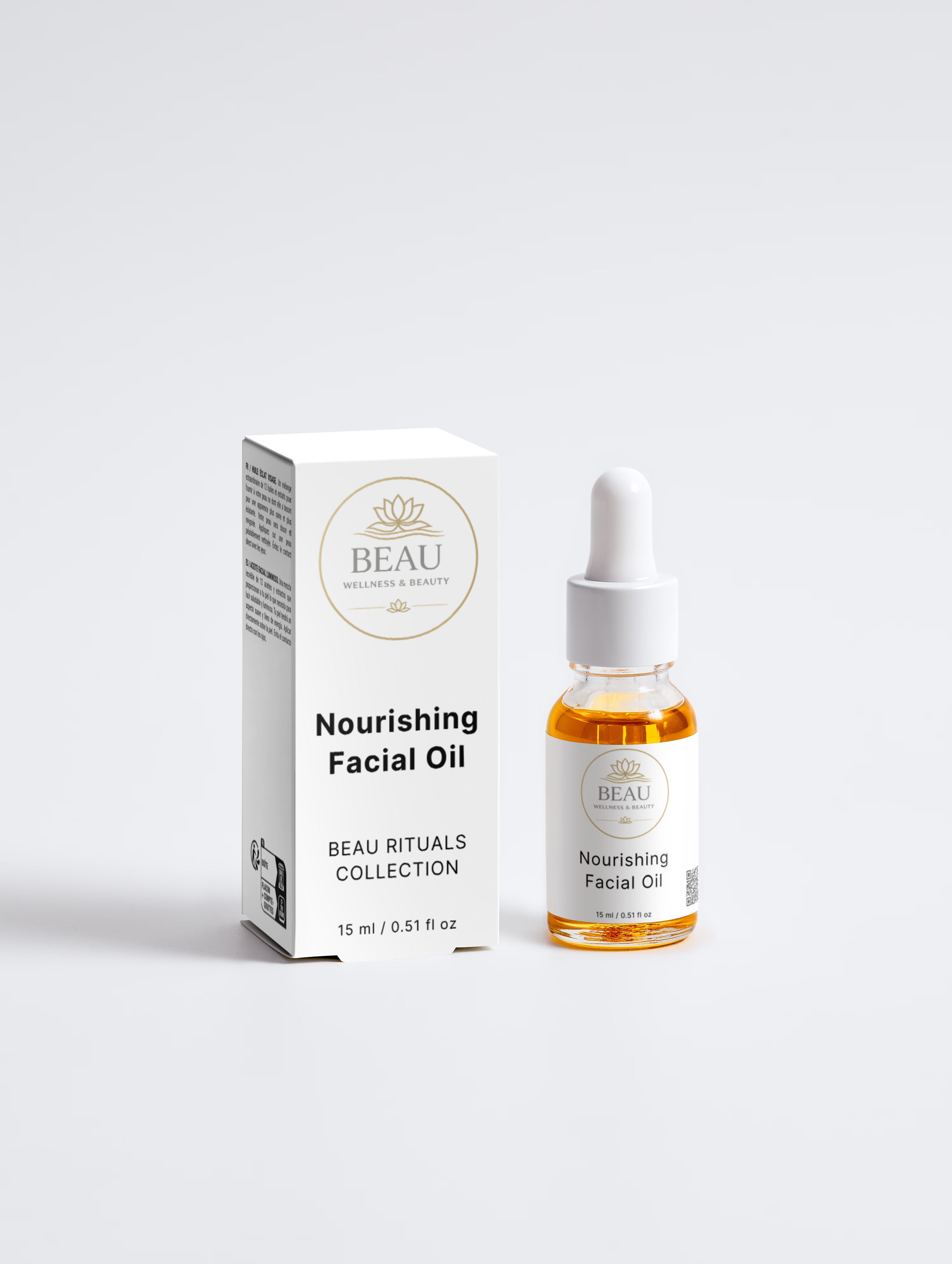 Beau Wellness & Beauty Nourishing Facial Oil with box on white background.
