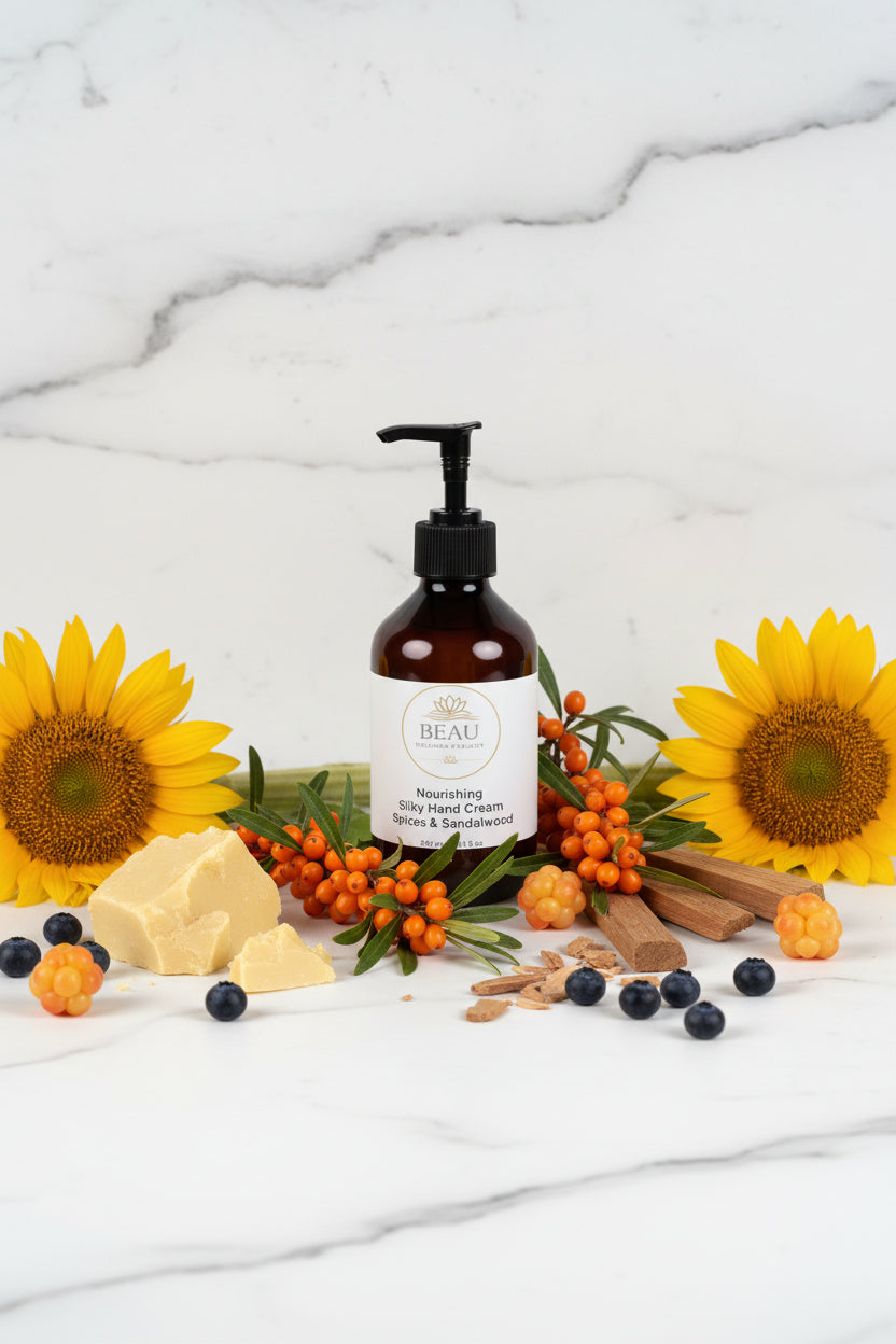 Beau Wellness & Beauty Nourishing Silky Hand Cream -spices & Sandalwood with sunflowers, berries coco butter, and sandalwood on a marble background