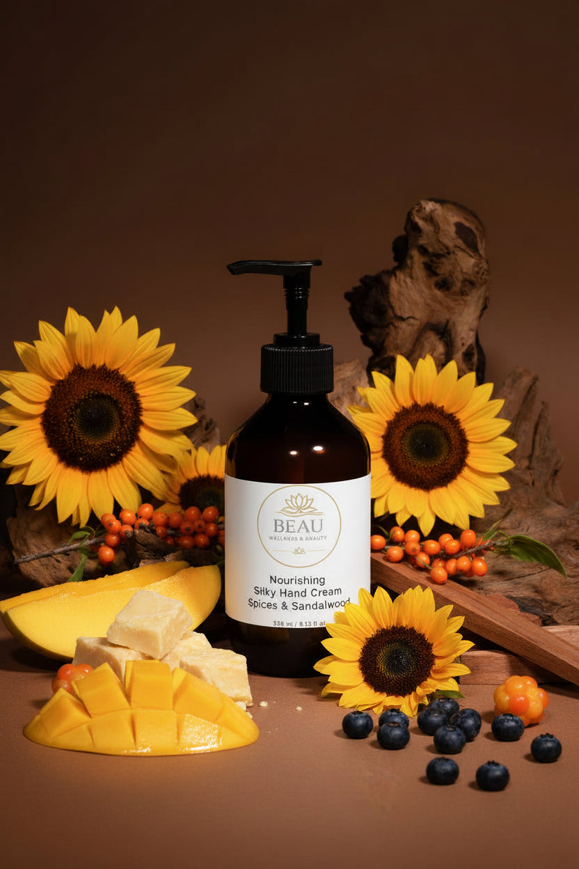 Beau Wellness & Beauty Nourishing Silky Hand Cream -spices & Sandalwood with sunflowers, berries coco butter, and sandalwood on a wooded background