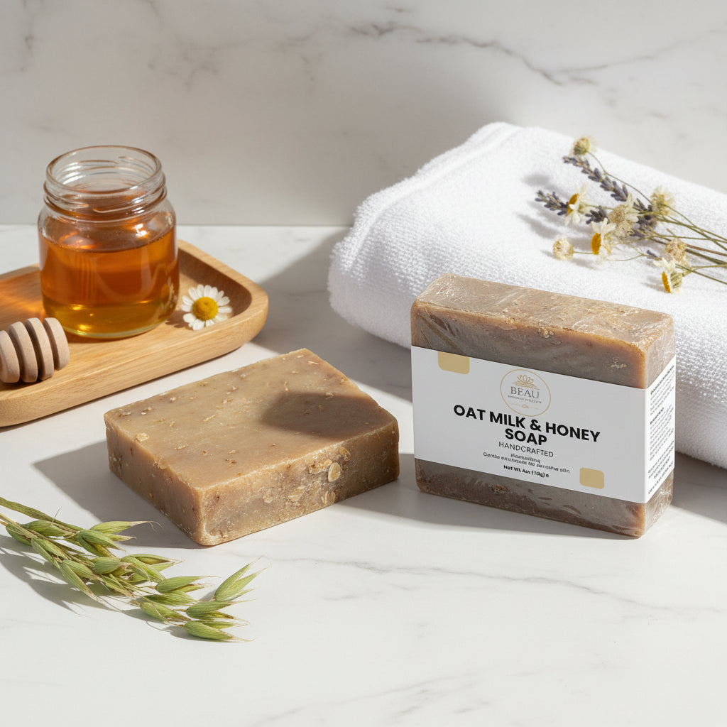 Two  handcrafted bars of oat milk and honey soap with a visible Beau Wellness & Beauty label on a light gray background