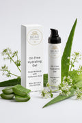 Beau Wellness & Beauty Oil-Free Hydrating Gel with Hyaluronic Acid for deep moisture with aloe vera and watercress flowers in the background.