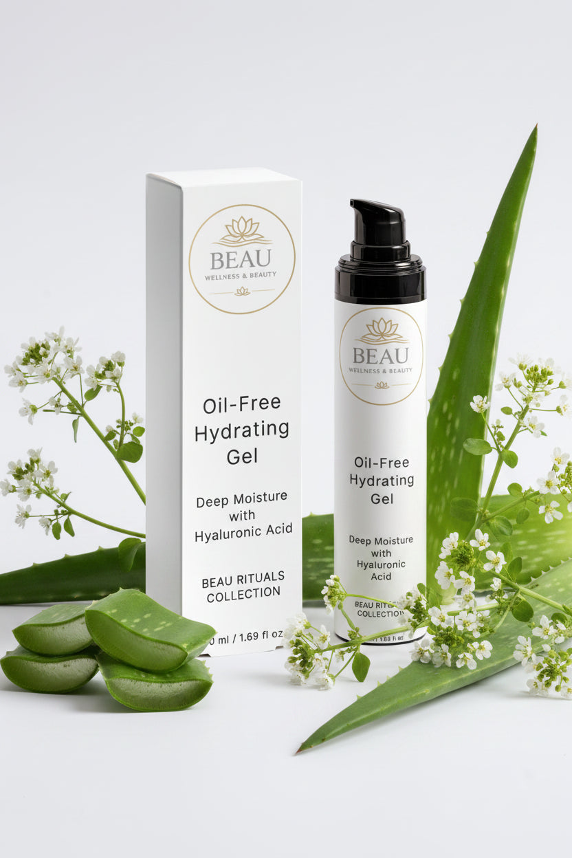 Beau Wellness & Beauty Oil-Free Hydrating Gel with Hyaluronic Acid for deep moisture with aloe vera and watercress flowers in the background.