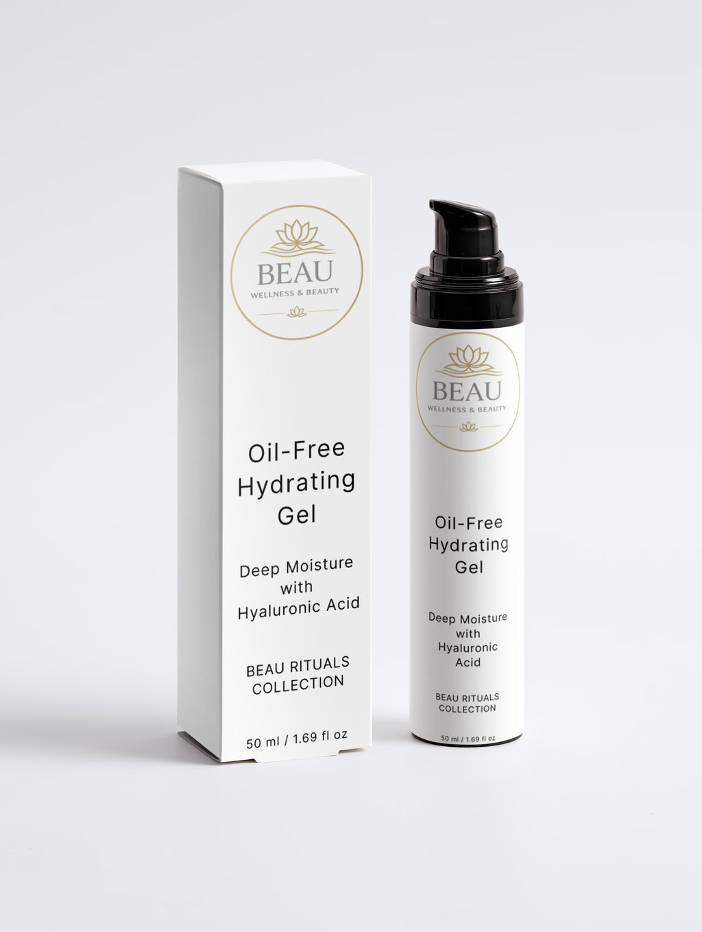 Beau Wellness & Beauty Oil-Free Hydrating Gel Deep Moisture with Hyaluronic Acid with packaging on a white background