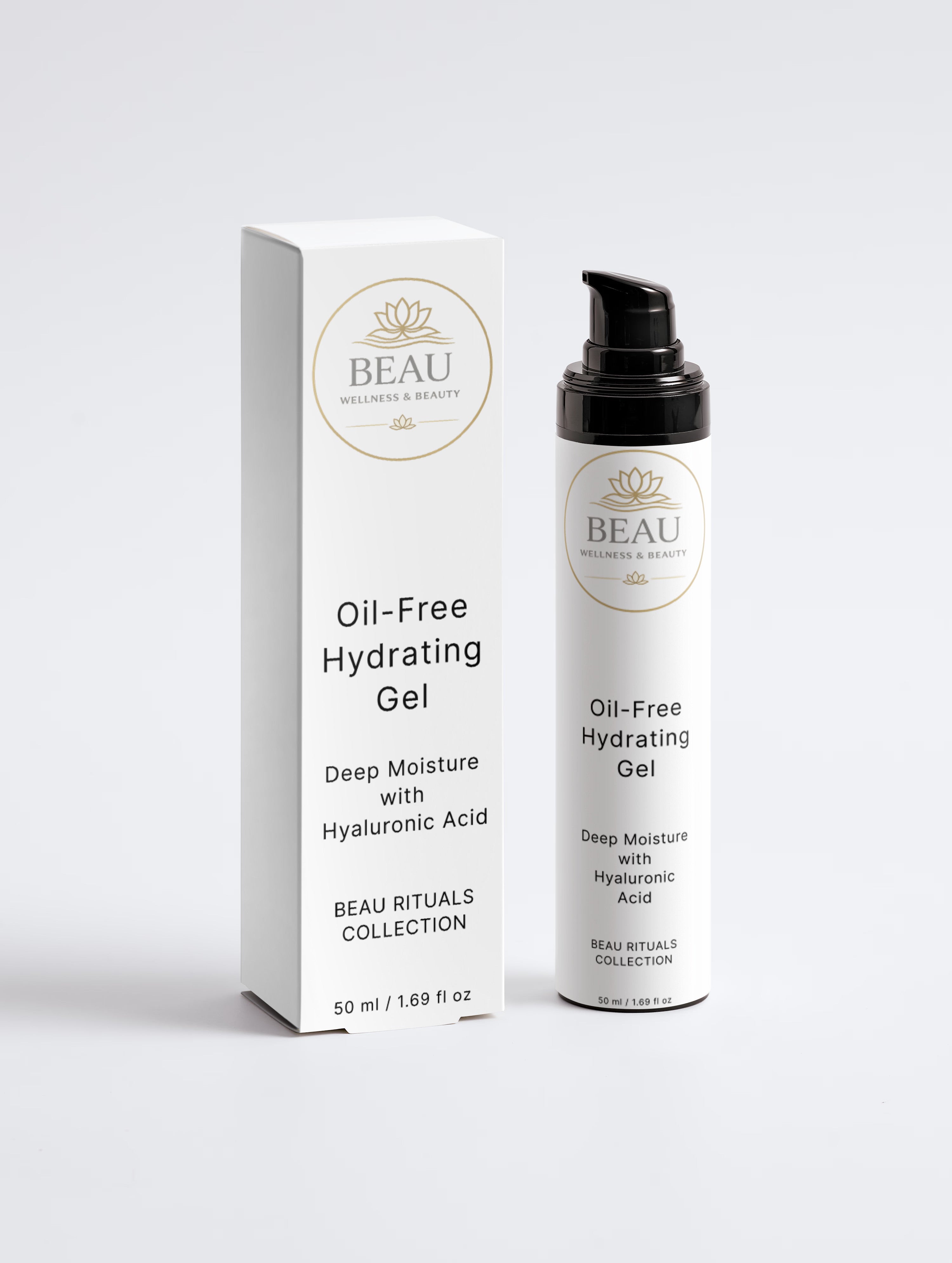Beau Wellness & Beauty Oil-Free Hydrating Gel Deep Moisture with Hyaluronic Acid with packaging on a white background